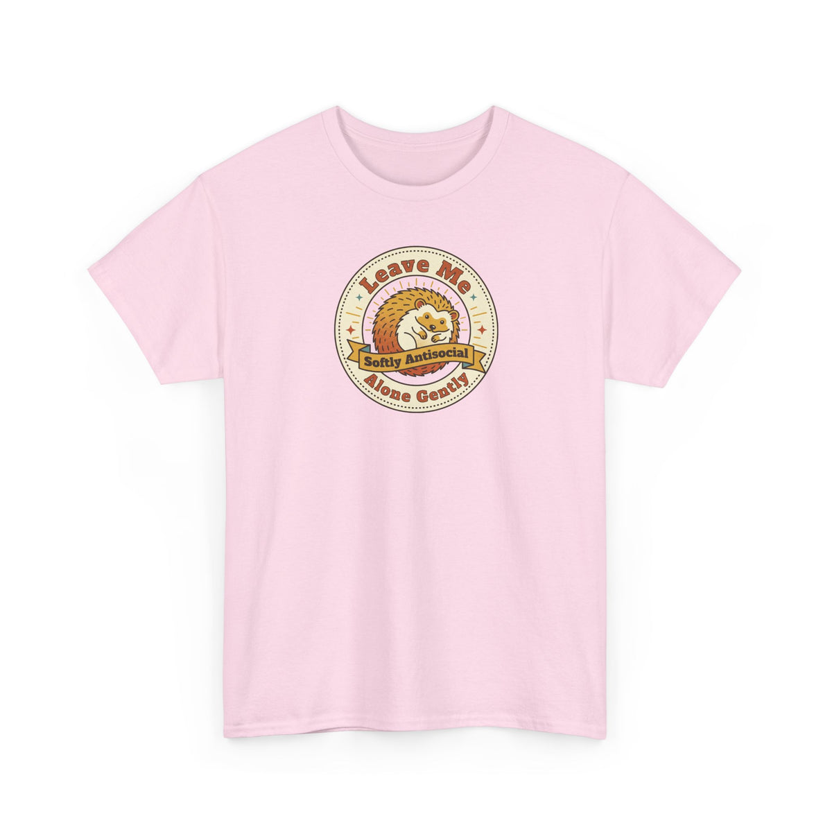 Light pink crewneck t-shirt with circular badge graphic on front