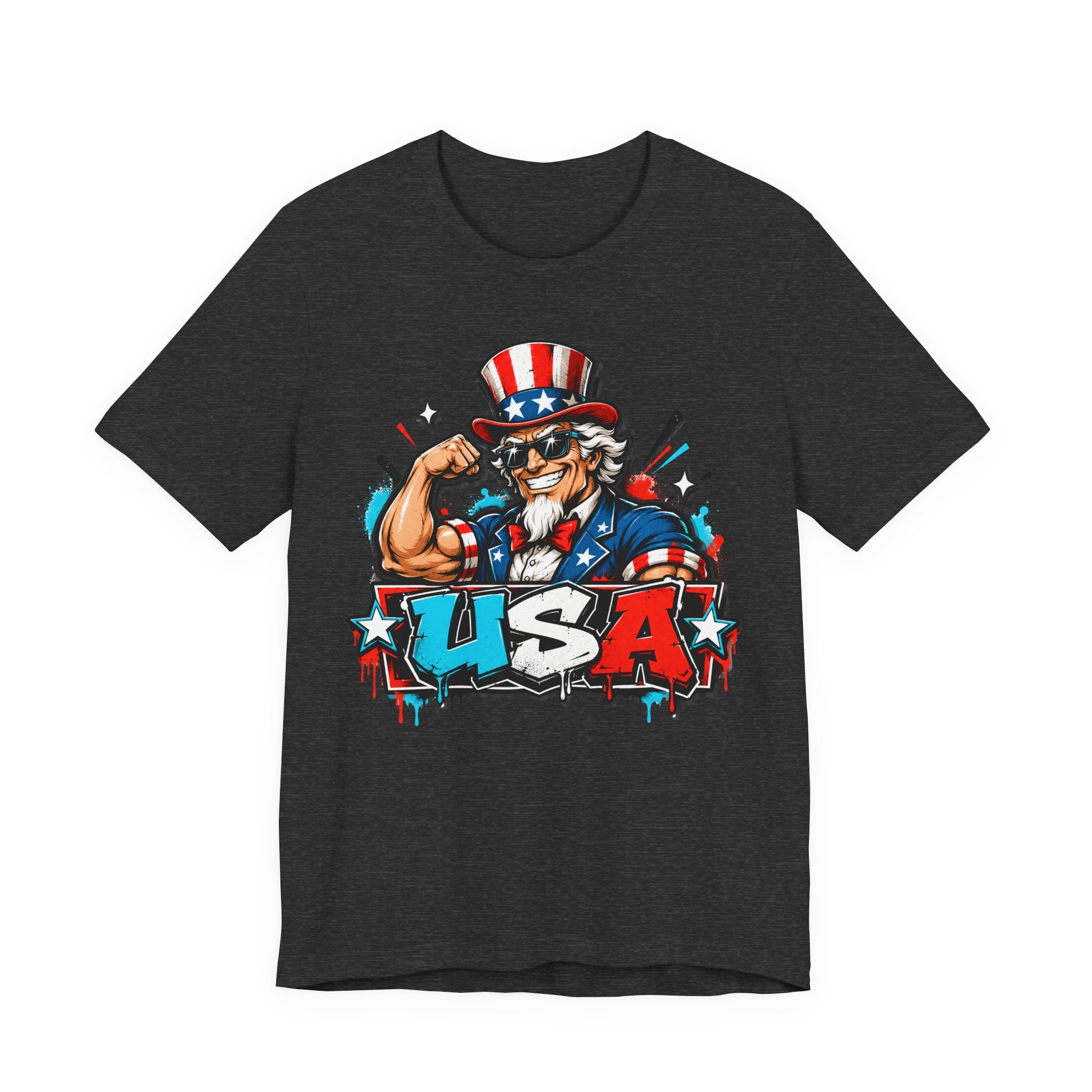 Dark gray heather muscle t-shirt with Uncle Sam USA patriotic graphic