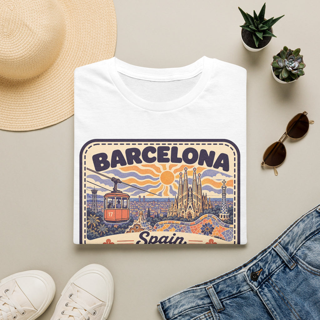 Barcelona skyline graphic T-shirt, white crew neck with vintage Spain poster print