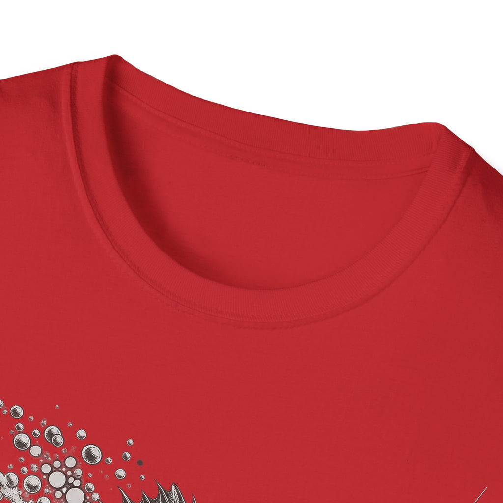 Red crew-neck T-shirt collar with partial leaping walleye graphic and bubbles
