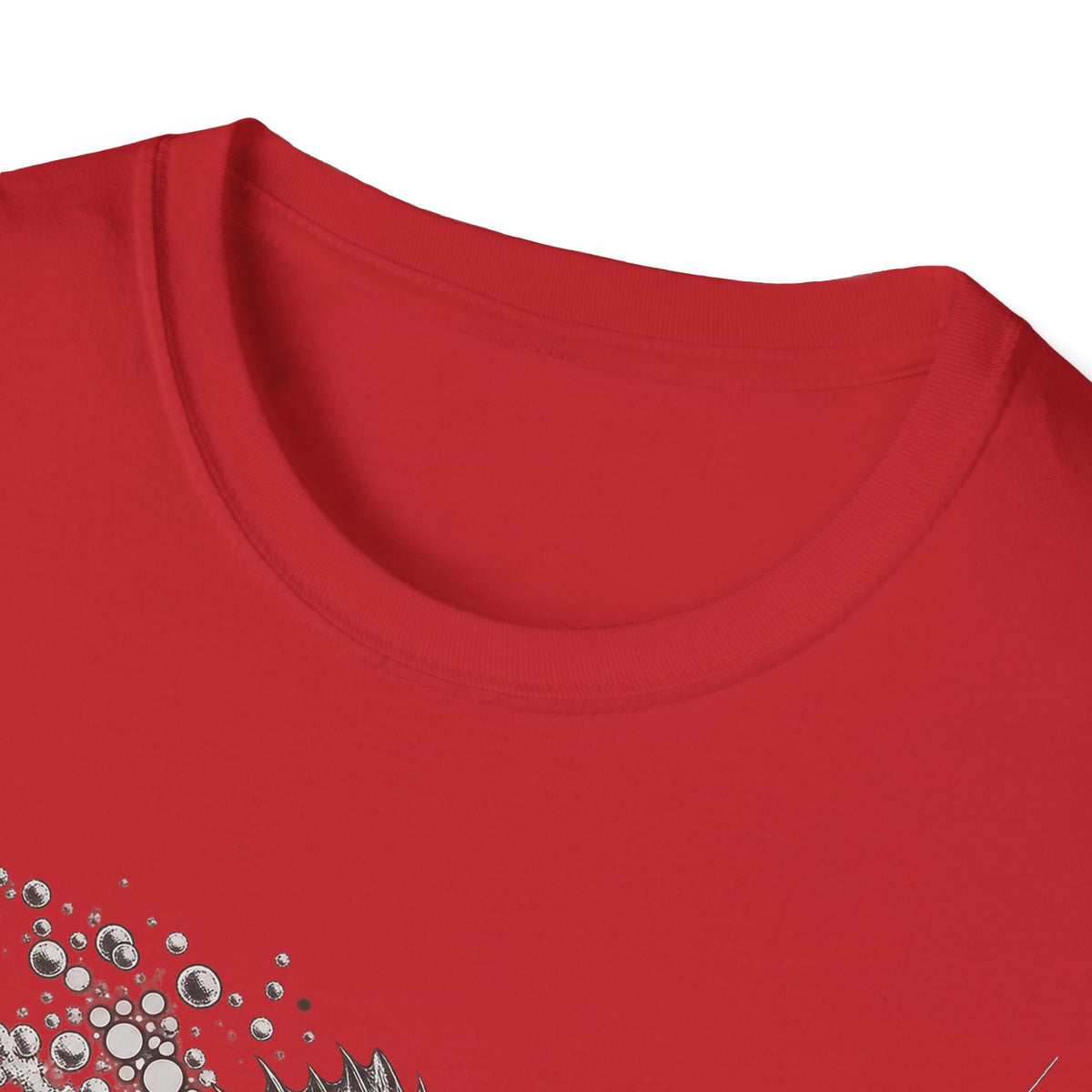 Red crew-neck T-shirt collar with partial leaping walleye graphic and bubbles