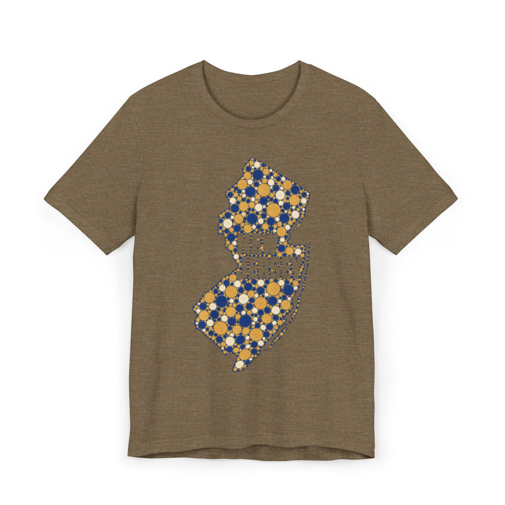 Brown T-shirt with speckled floral New Jersey outline graphic in blue and gold
