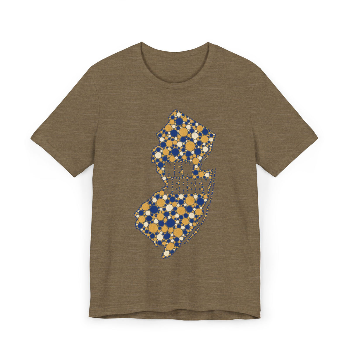 Brown T-shirt with speckled floral New Jersey outline graphic in blue and gold