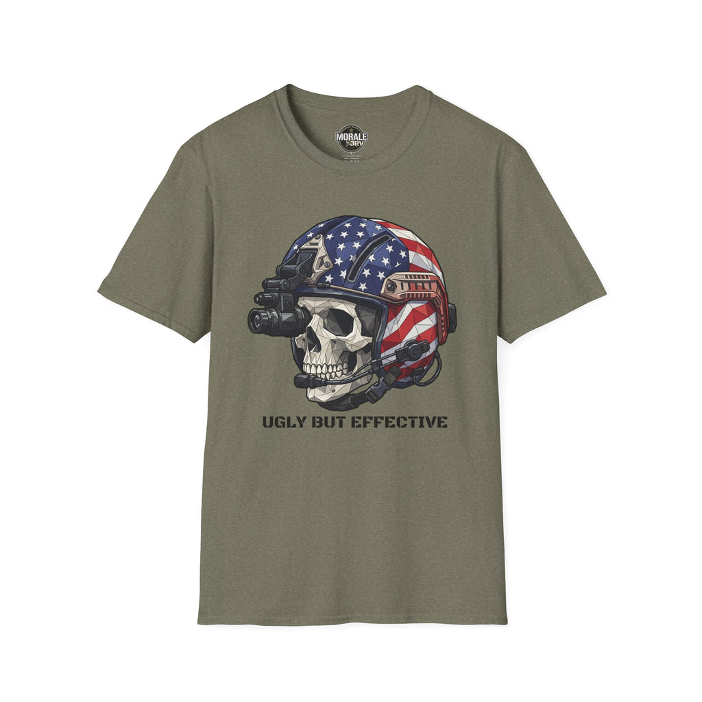 American Flag skull tactical helmet graphic T-shirt, military green crew neck