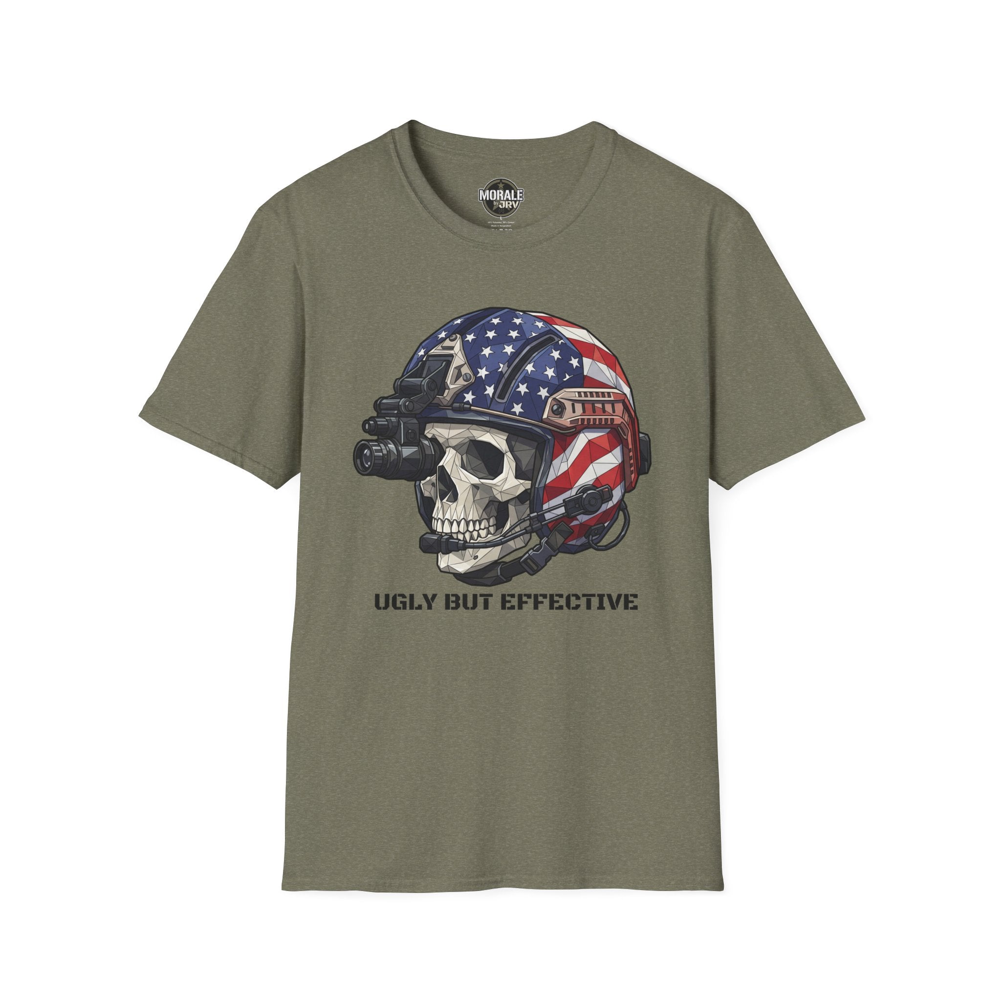 American Flag skull tactical helmet graphic T-shirt, military green crew neck