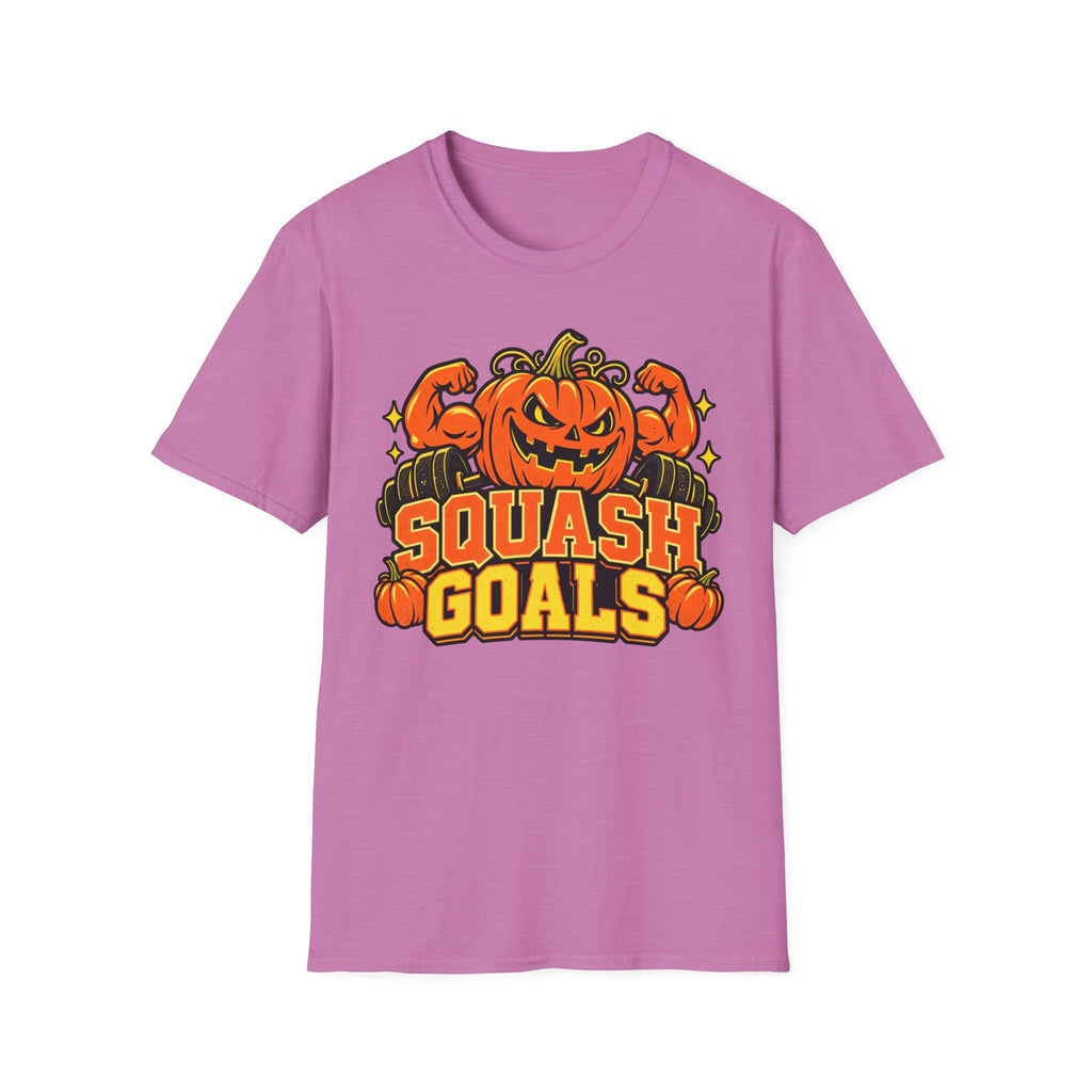 Pink Halloween T-shirt with jack-o-lantern pumpkin graphic and "SQUASH GOALS" text