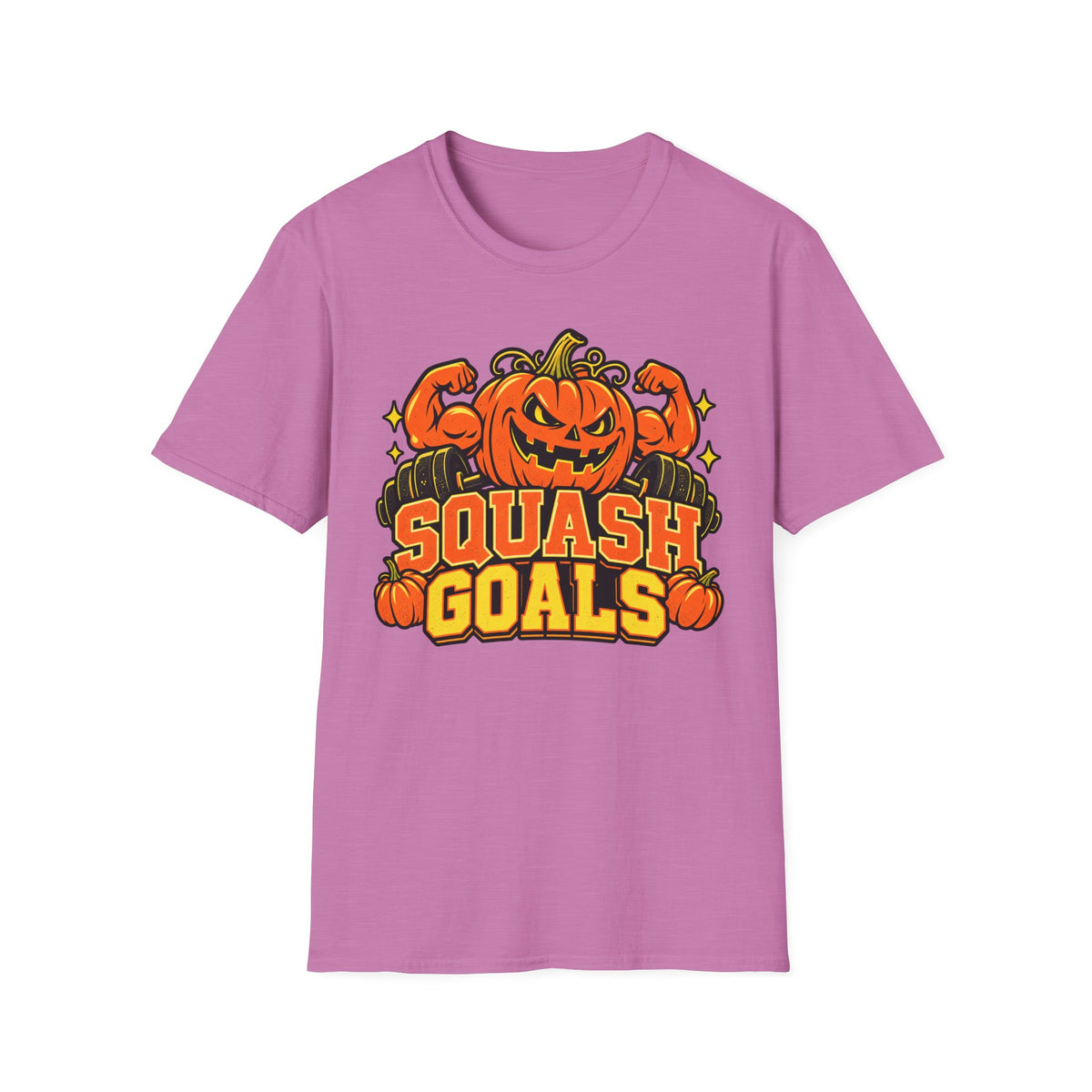 Pink Halloween T-shirt with jack-o-lantern pumpkin graphic and "SQUASH GOALS" text