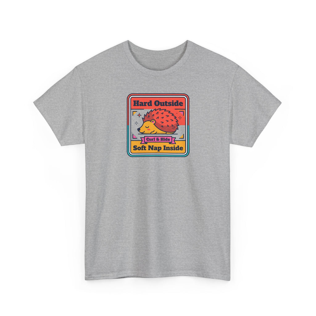 Light gray crewneck T-shirt with hedgehog graphic front in a colorful badge