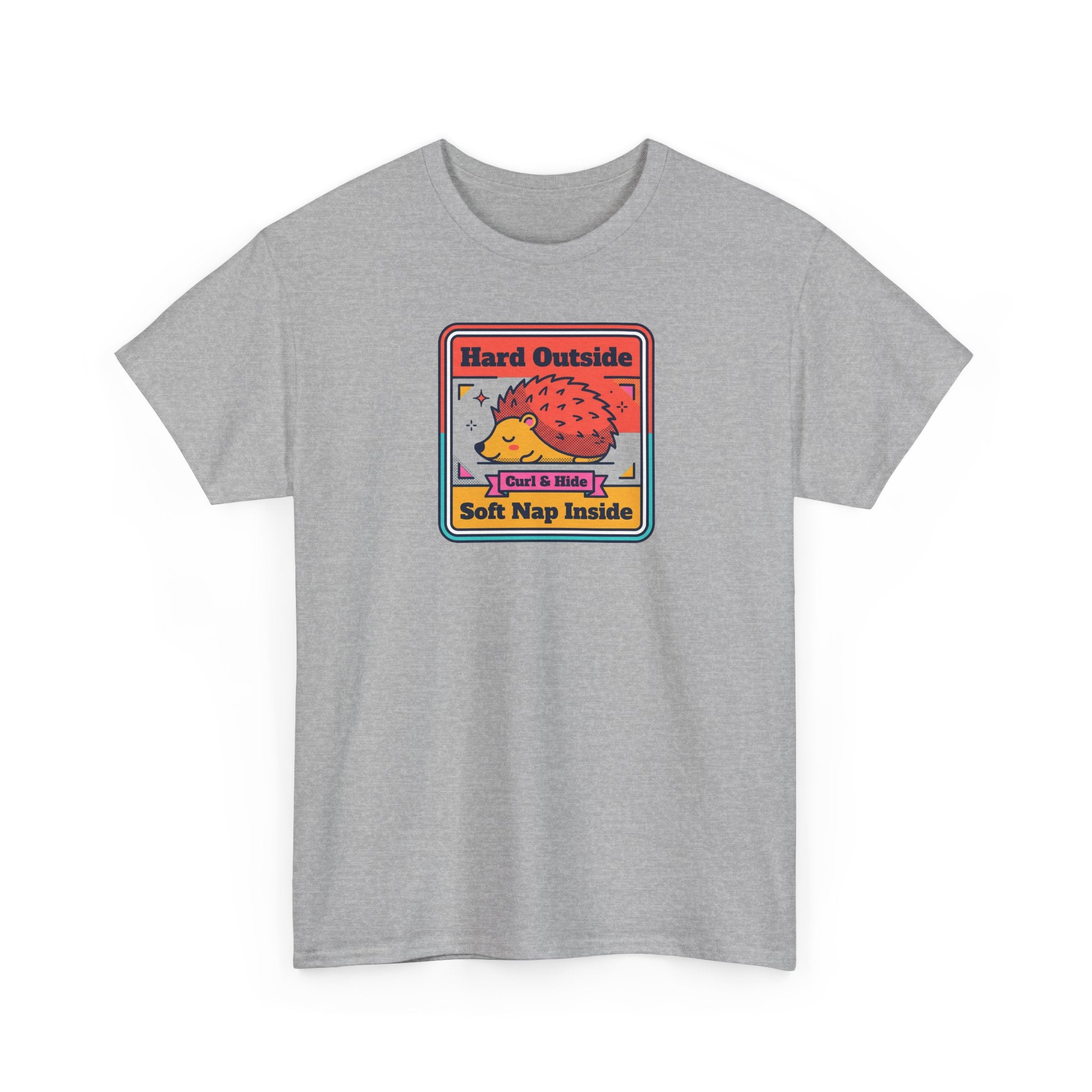 Light gray crewneck T-shirt with hedgehog graphic front in a colorful badge