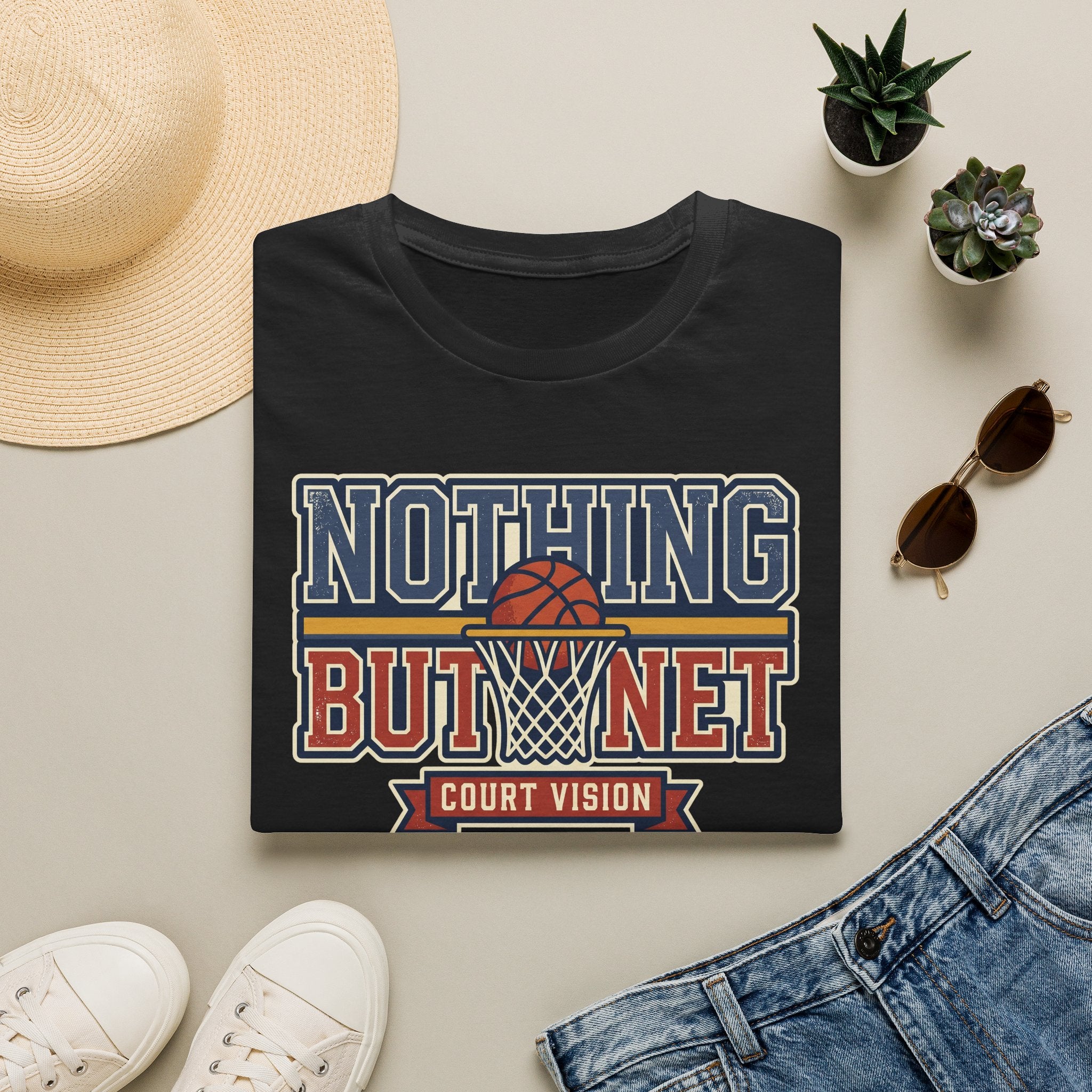Black basketball graphic T-shirt with “NOTHING BUT NET” and hoop net logo at center front.