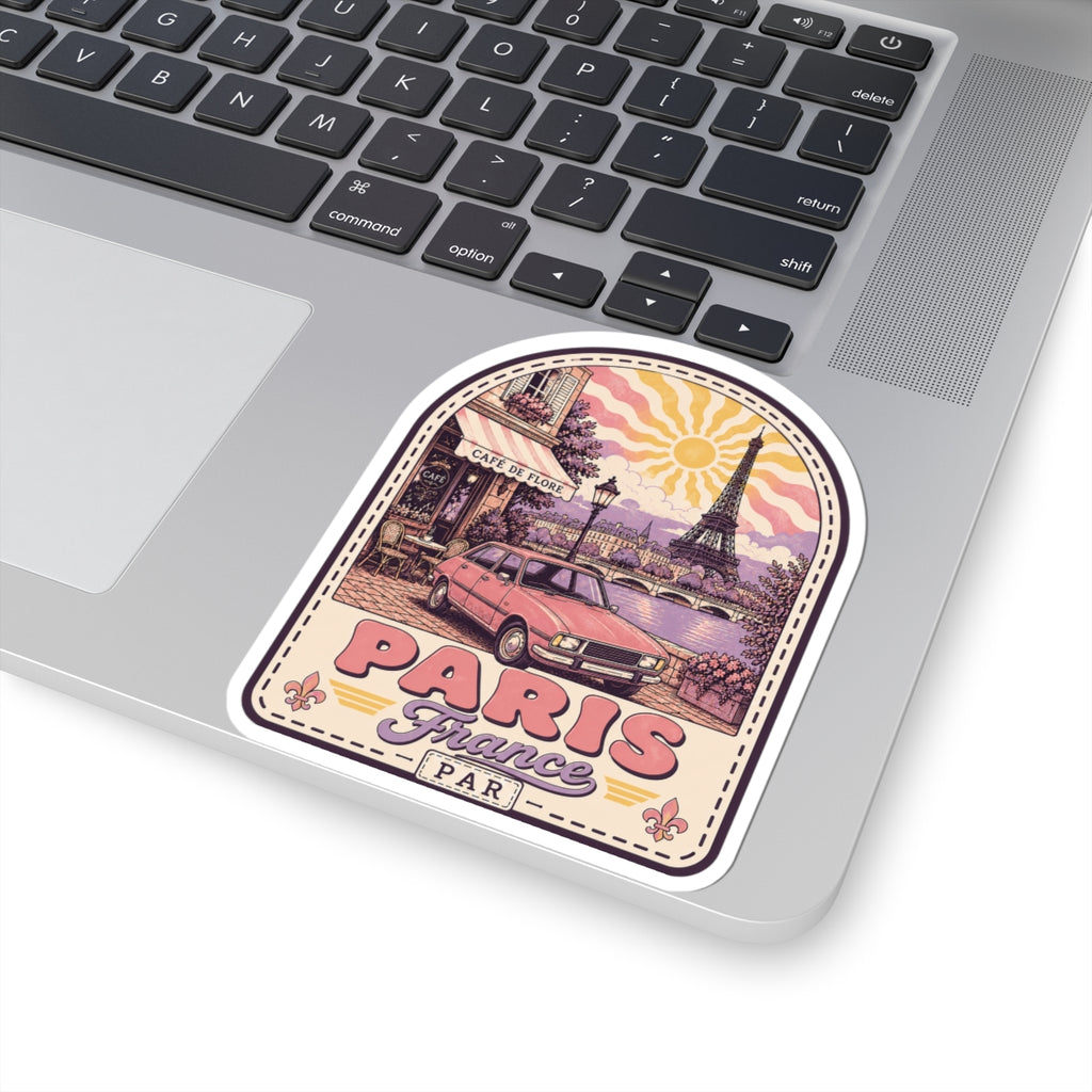 Paris scenic die-cut sticker on laptop keyboard, Eiffel Tower scene and PARIS France text