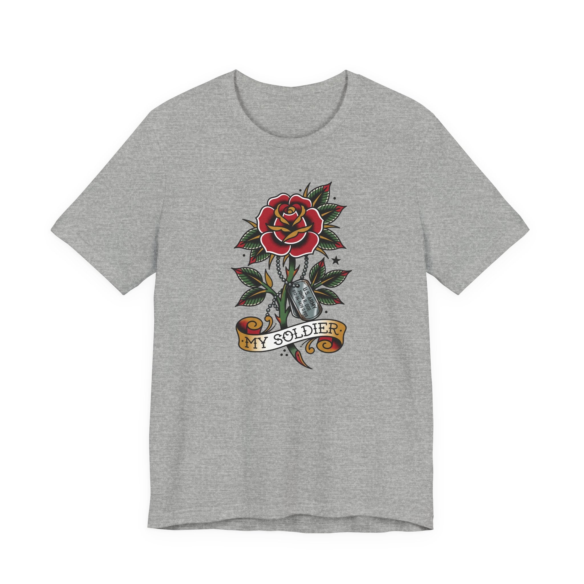 Heather grey crewneck t-shirt with rose and dog tag graphic, My Soldier emblem.