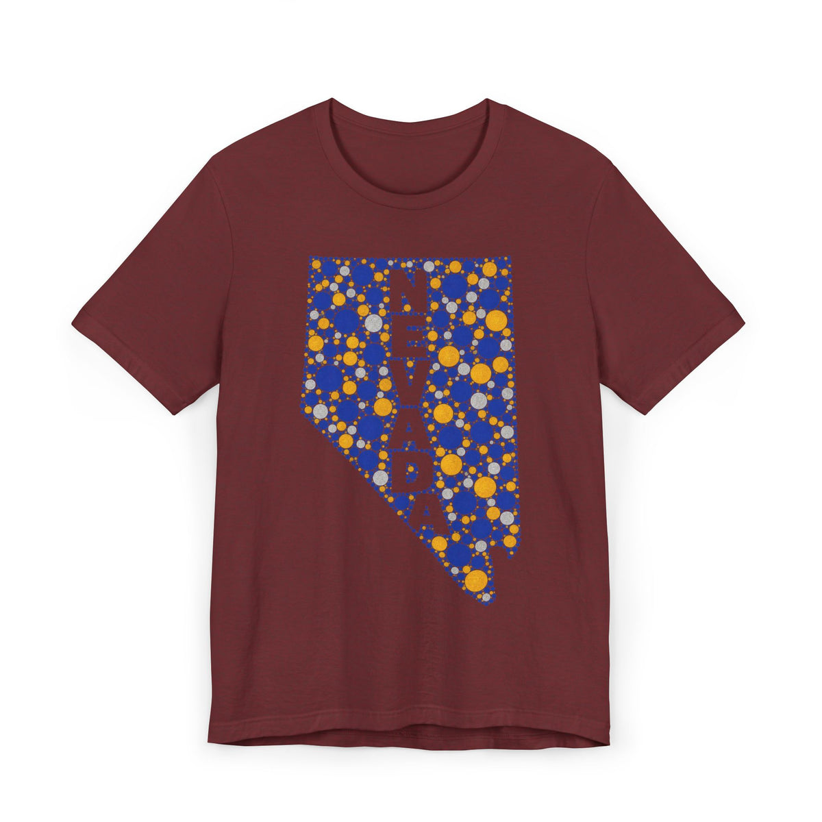 Burgundy T-shirt with blue and gold polka-dot Nevada map graphic on the chest