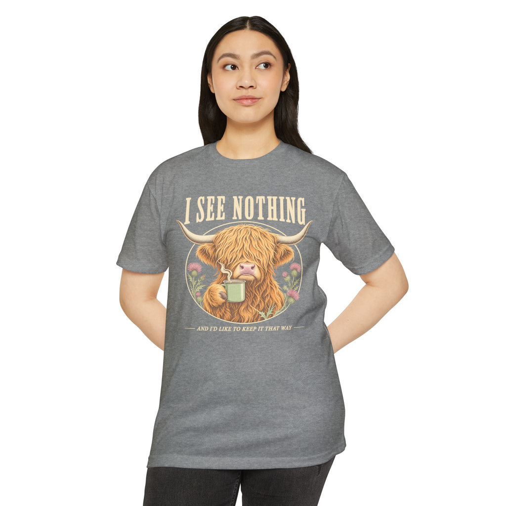 Gray crewneck T-shirt with Highland cow graphic and 'I See Nothing' text.