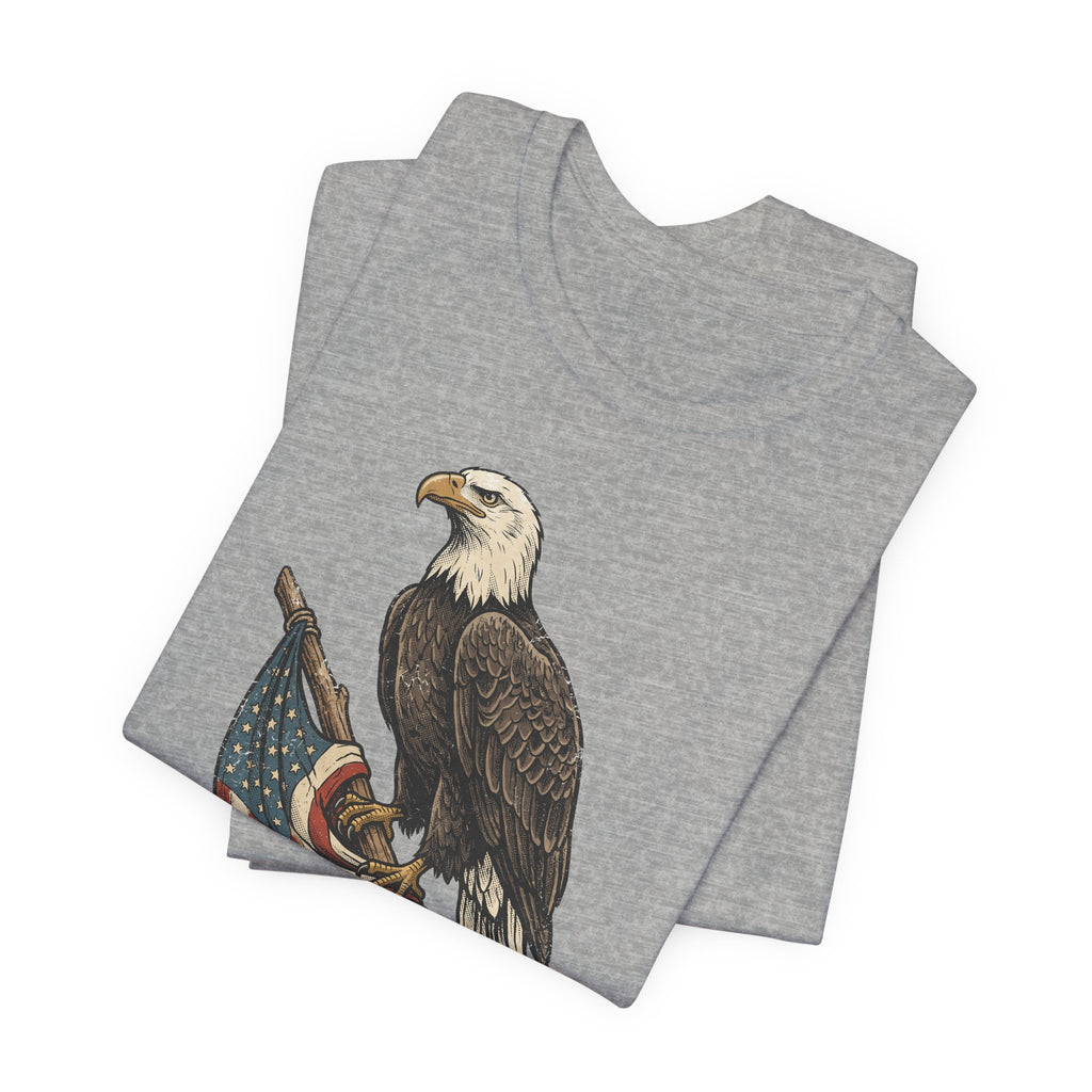 Dark gray heather bald eagle graphic t-shirt with flag ribbon print