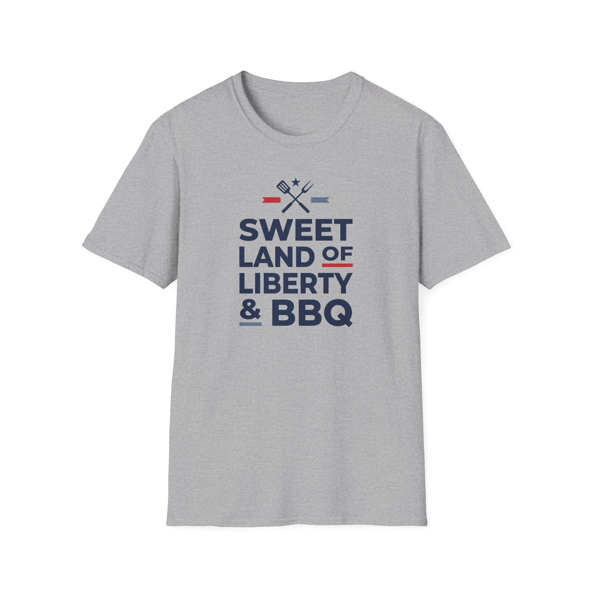 Grey BBQ T-shirt with 'Sweet Land of Liberty & BBQ' front graphic