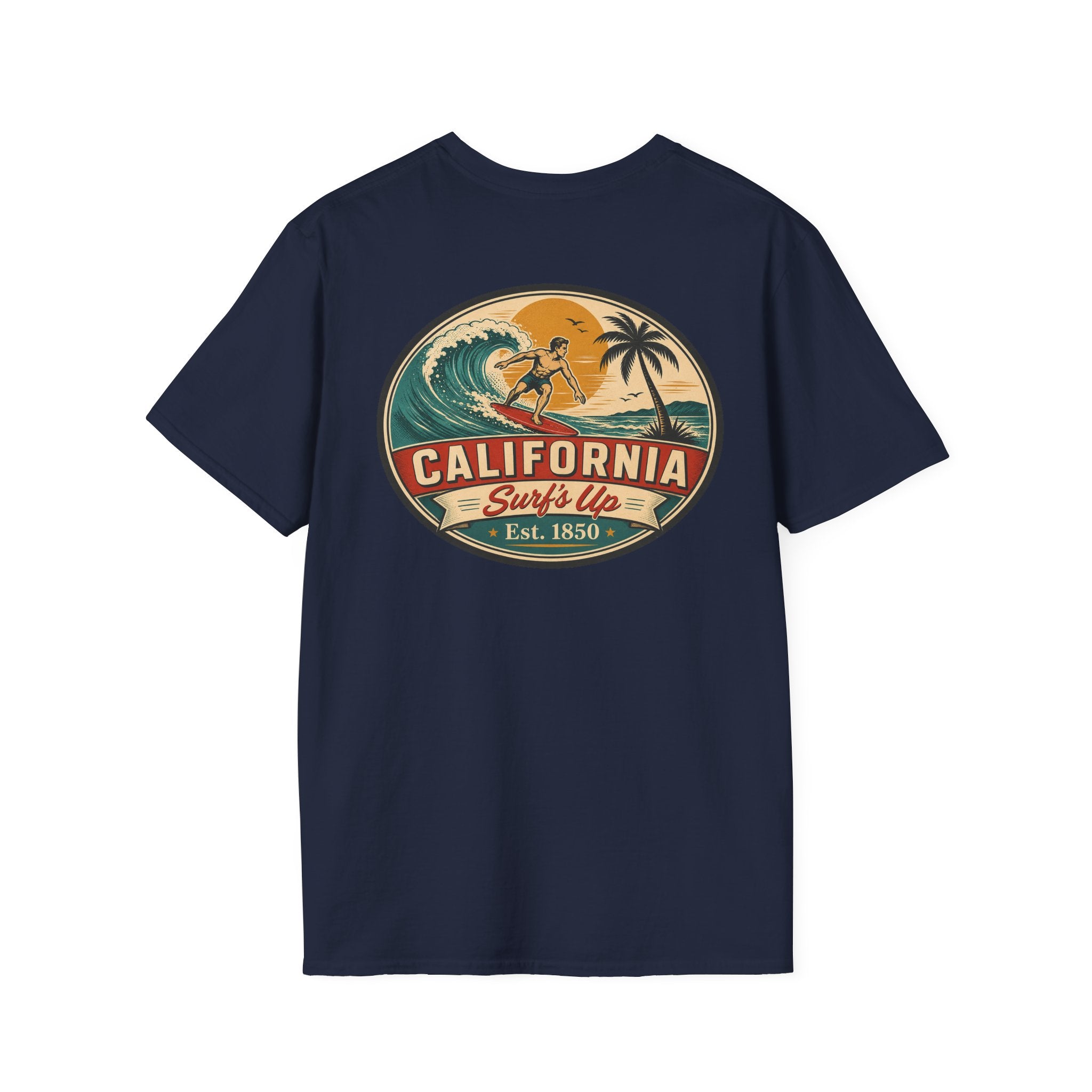 Navy T-shirt with large oval California Surf's Up graphic on the chest