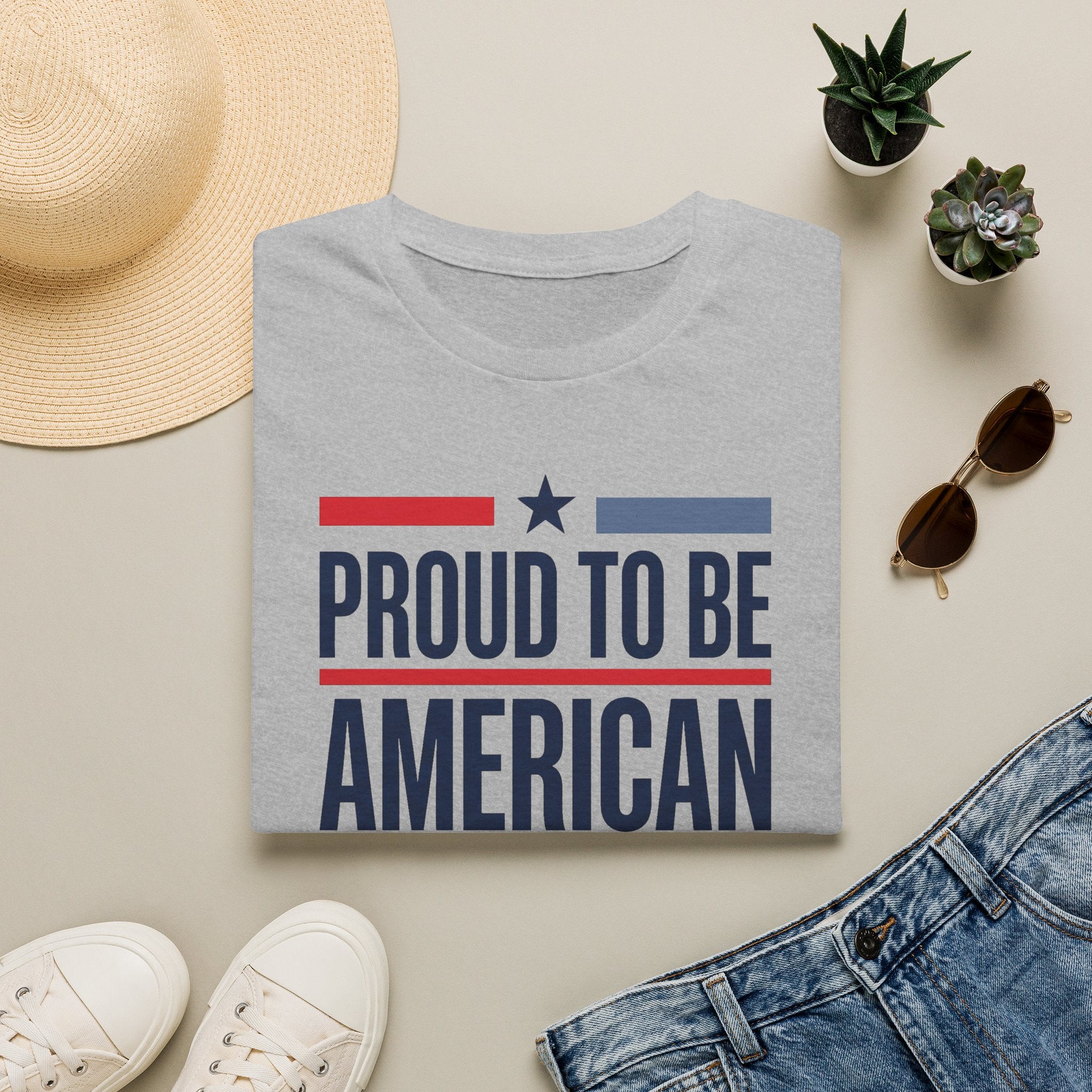 Sport grey crewneck T-shirt with star-and-stripe "PROUD TO BE AMERICAN" print