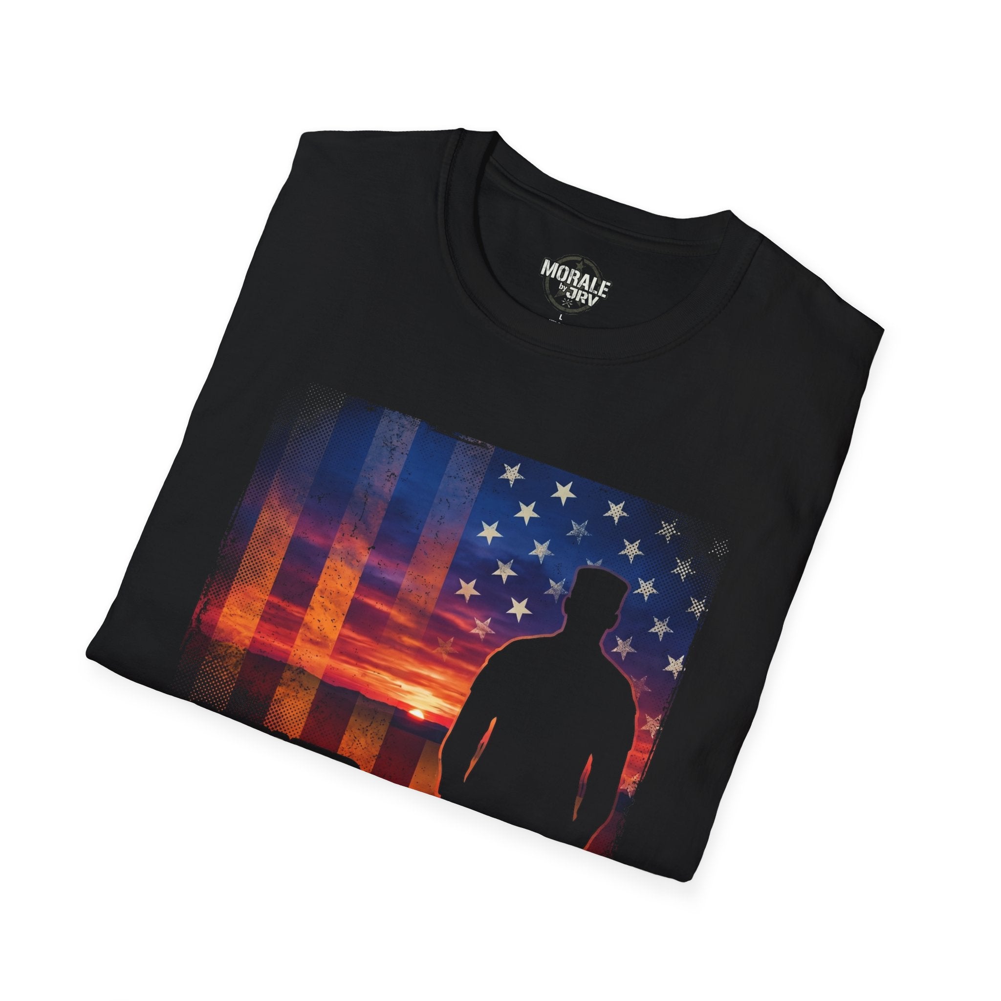 Black folded T-shirt with American flag sunset and soldier silhouette graphic