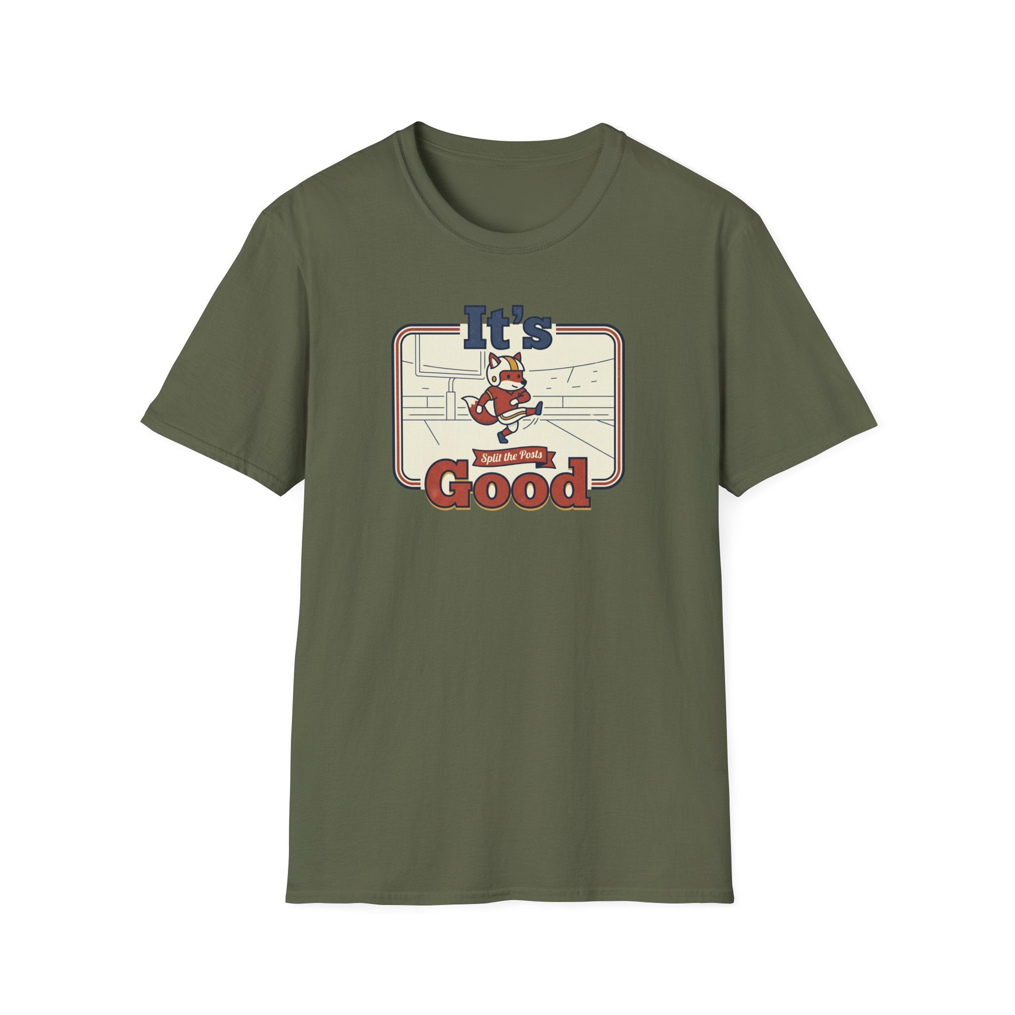 Olive green short-sleeve T-shirt with fox skate graphic and “It’s Good” text