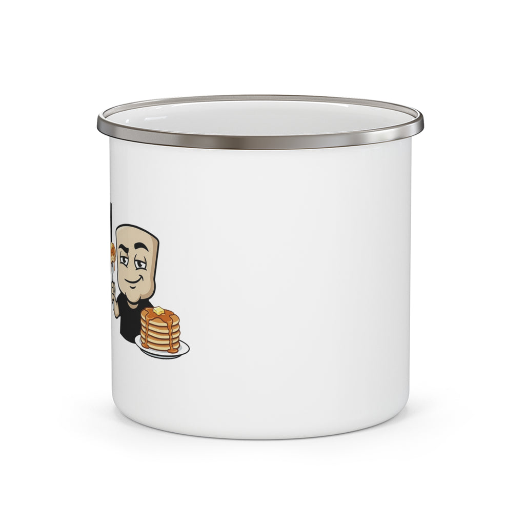 White ceramic mug with side print of cartoon man holding pancakes