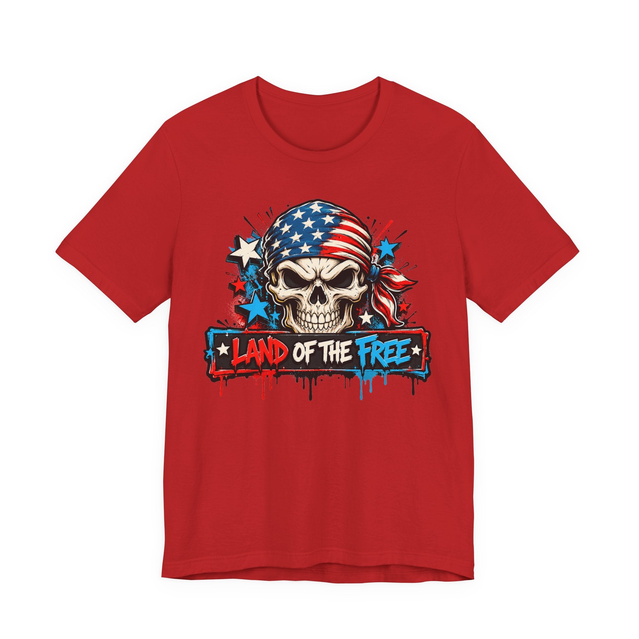 Red skull patriotic T-shirt with American flag graphic on center chest