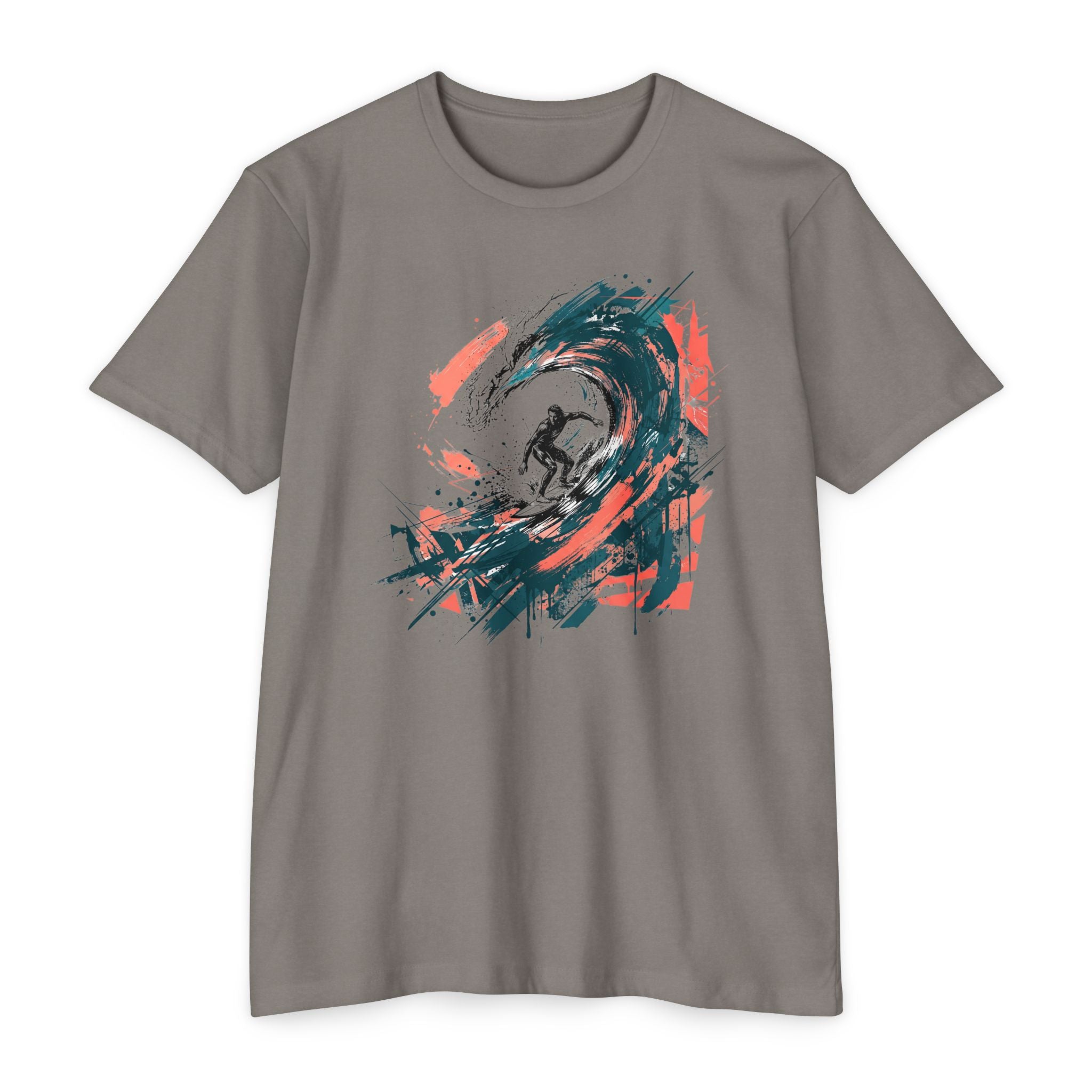 Unisex T-shirt in gray with abstract surfer wave paintbrush graphic on front.