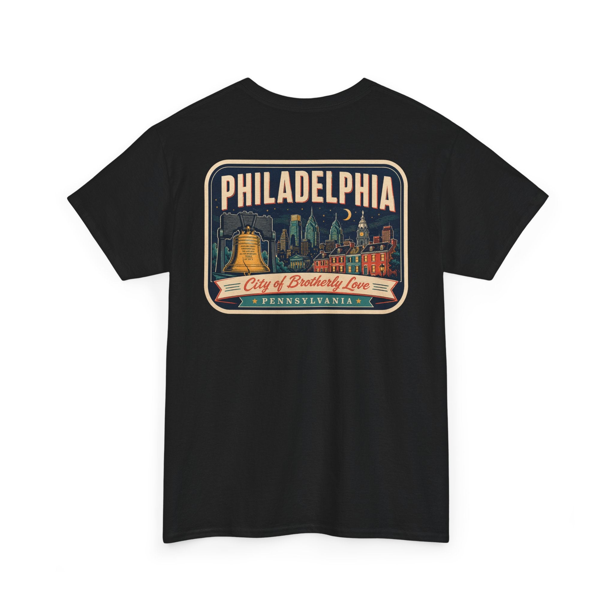 Black T-shirt with Philadelphia skyline luggage-tag graphic patch
