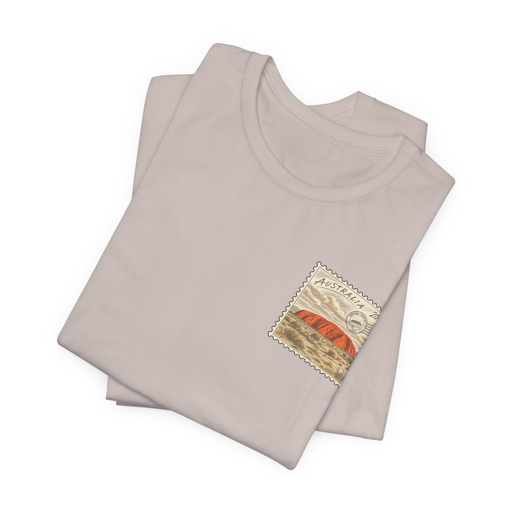 Light taupe travel t-shirt, folded pair, with Australia postage stamp graphic on chest