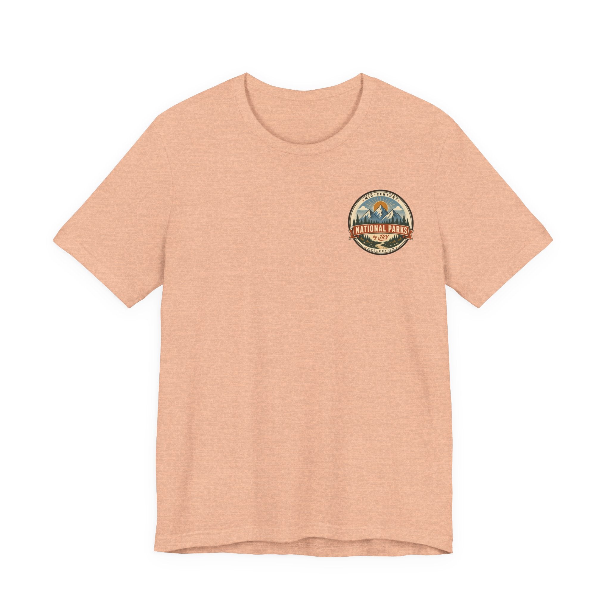 Peach Yosemite national park t-shirt with circular retro emblem chest graphic.