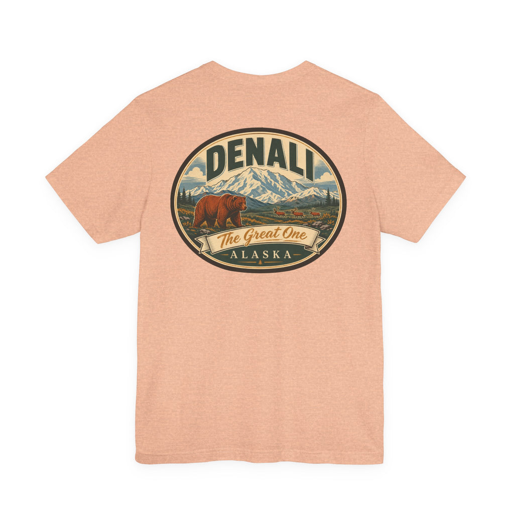 Peach crewneck T-shirt with Denali Great One round graphic