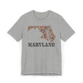 Heather gray Maryland floral map graphic T-shirt with dotted map and 'MARYLAND' lettering