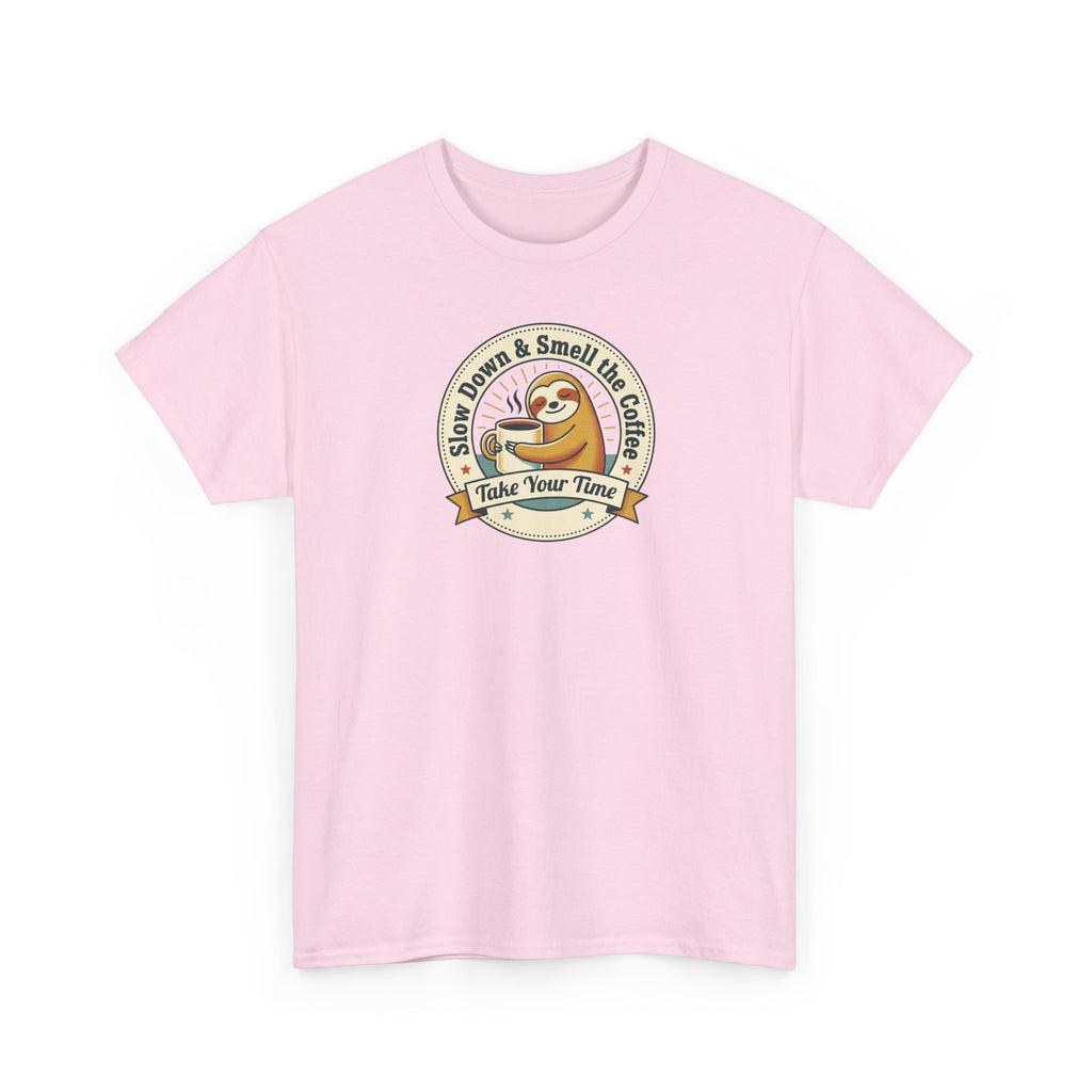 Light pink T-shirt with coffee sloth emblem graphic on chest