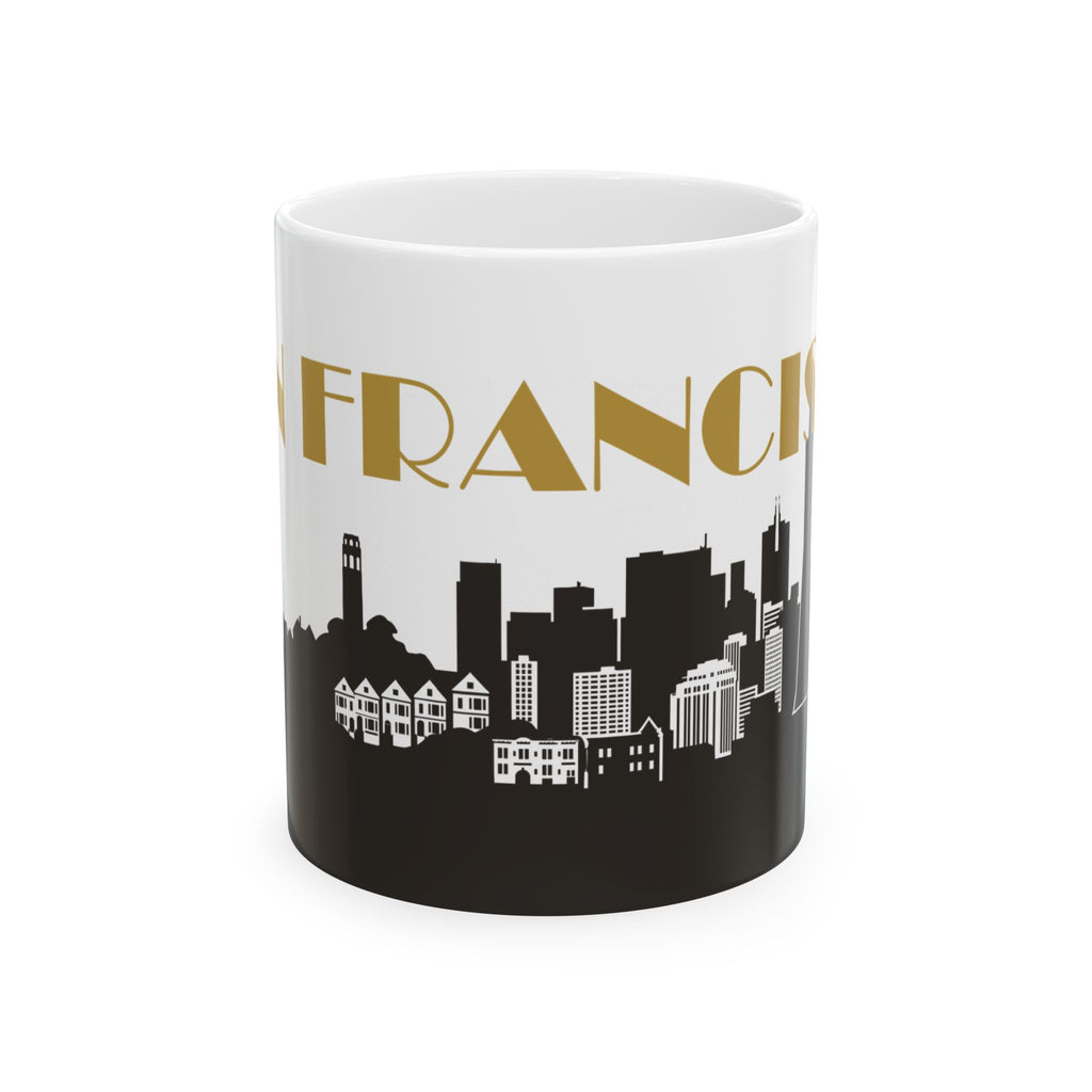 Ceramic mug with city skyline graphic, black base, gold 'FRANCISCO' lettering