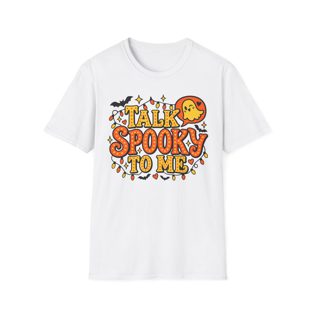 White Halloween t-shirt with 'Talk Spooky to Me' ghost graphic