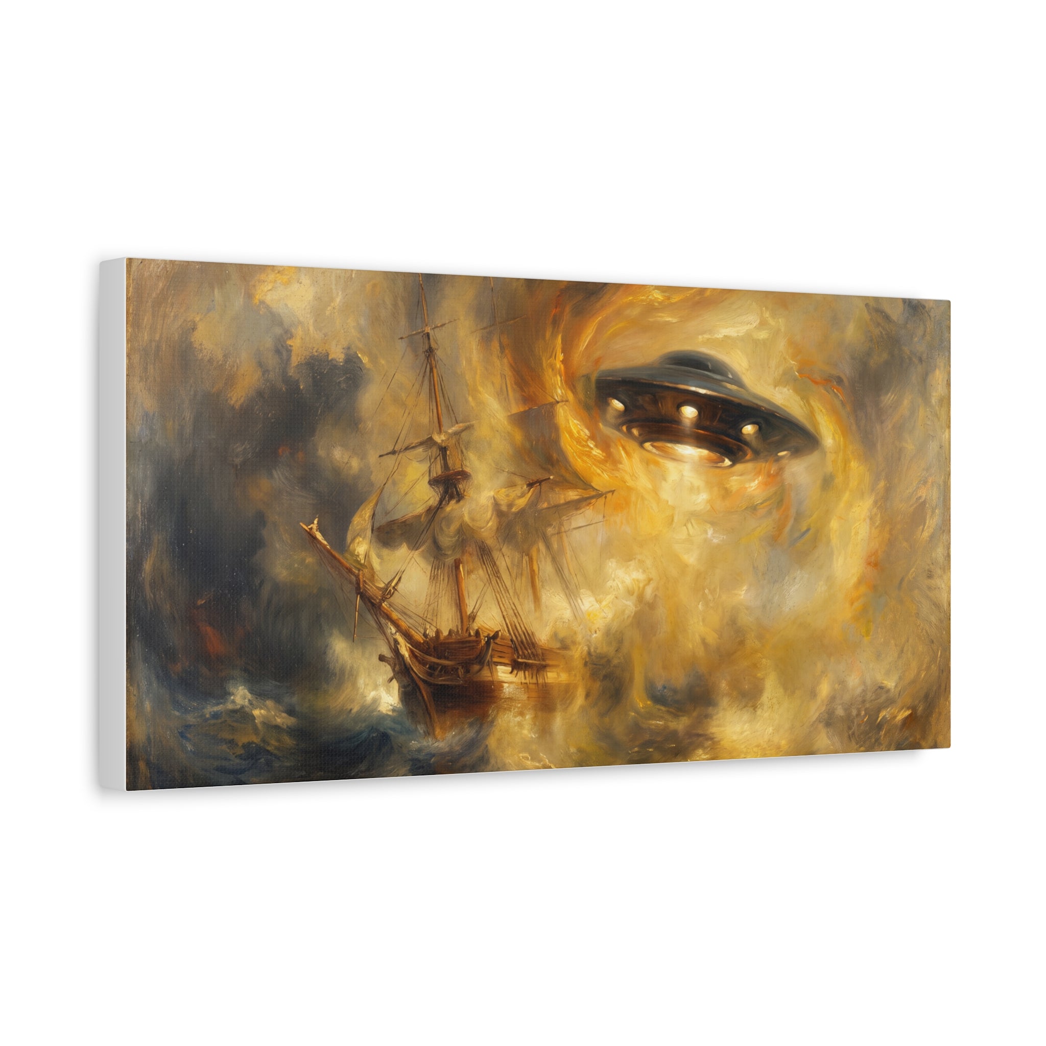 Rectangular canvas wall art of a UFO over a stormy galleon in golden and dark tones