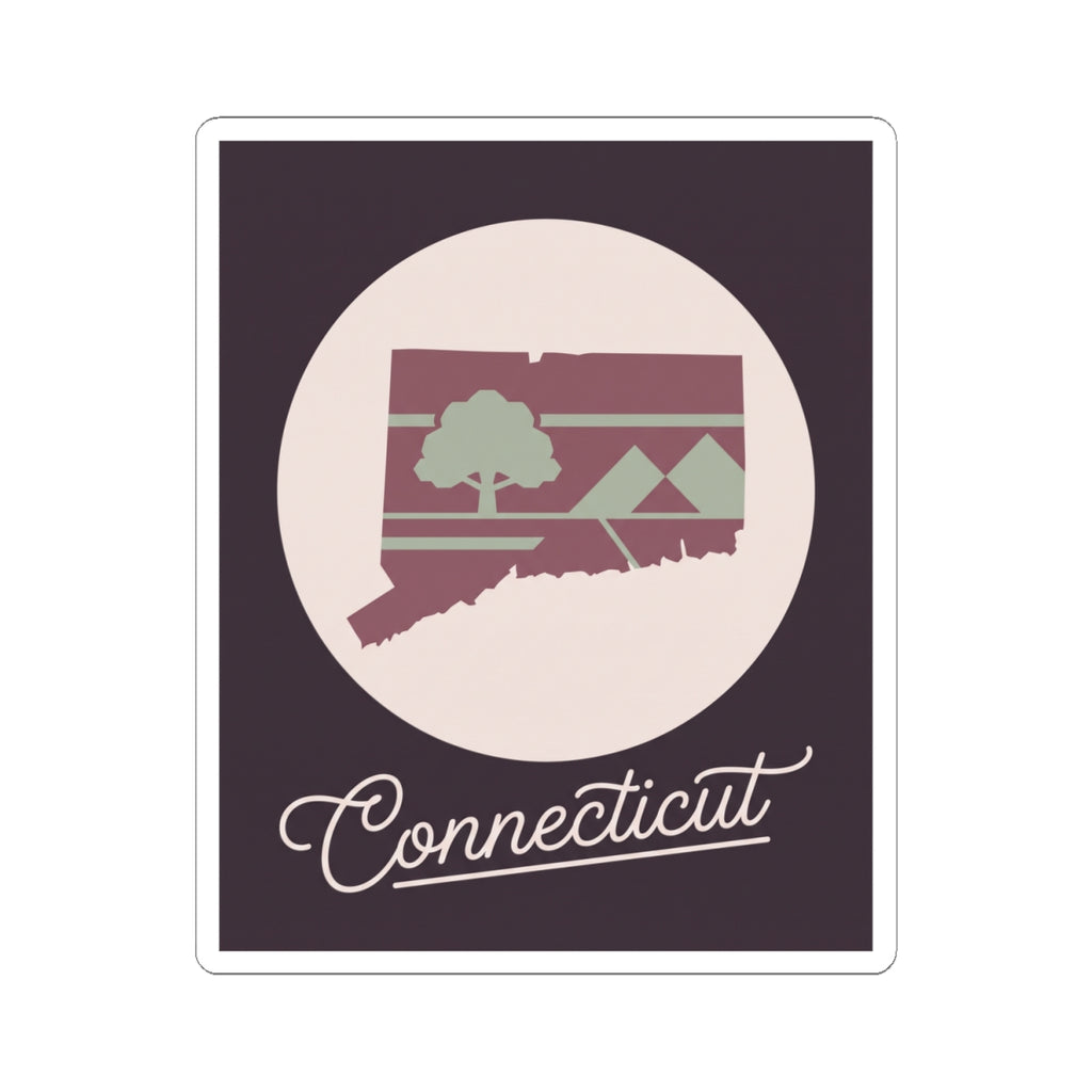 Maroon Connecticut silhouette decal featuring circular emblem and cursive 'Connecticut' lettering