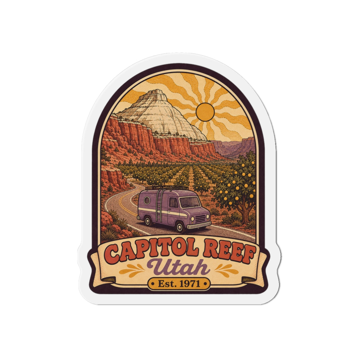 Die-cut Capitol Reef magnet featuring desert road, purple van, and sun over canyons