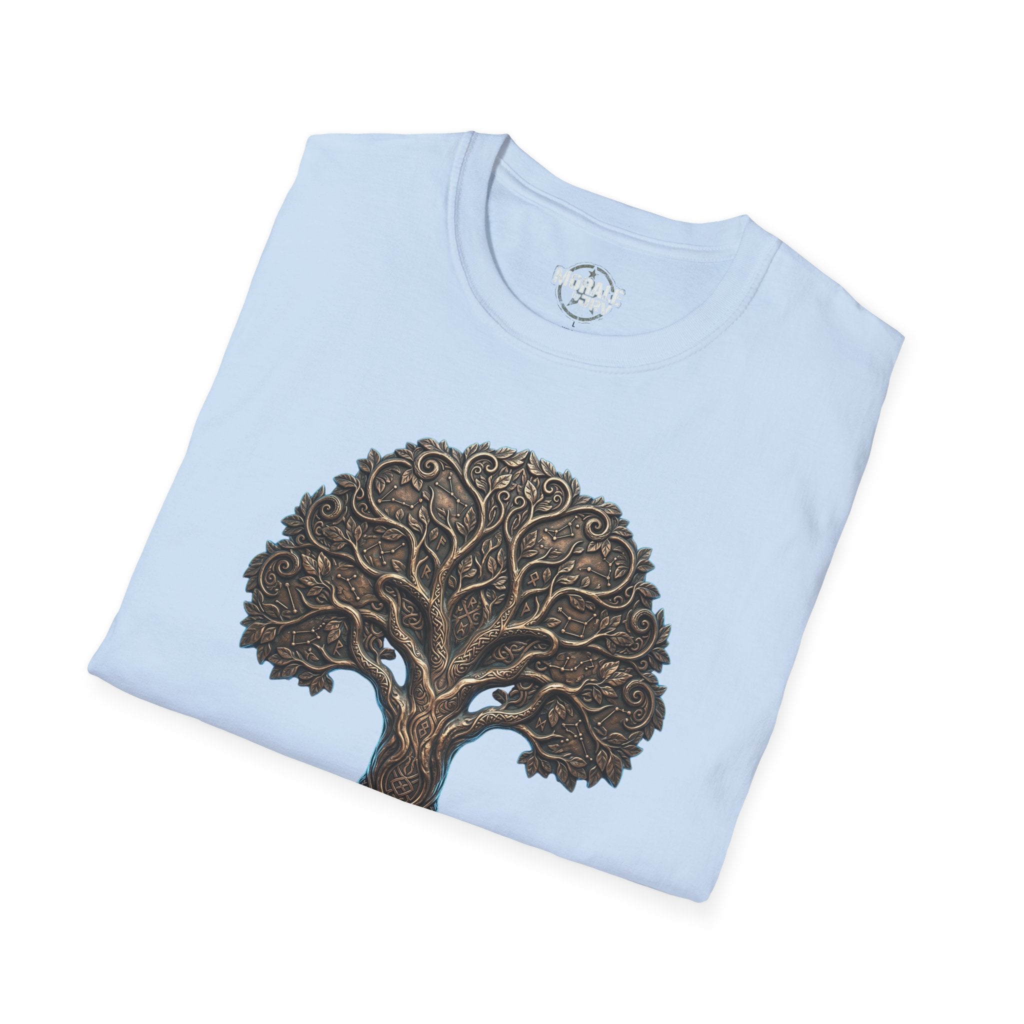 Light blue Celtic tree of life graphic T-shirt, large gold tree design