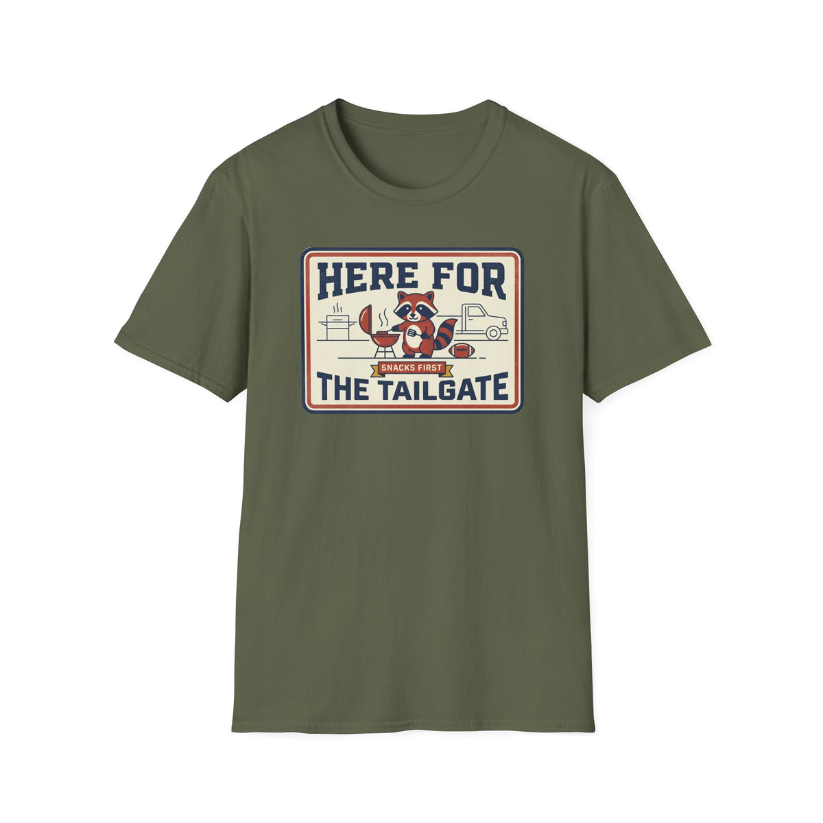 Dark olive short-sleeve T-shirt with 'Here for the Tailgate' graphic on chest