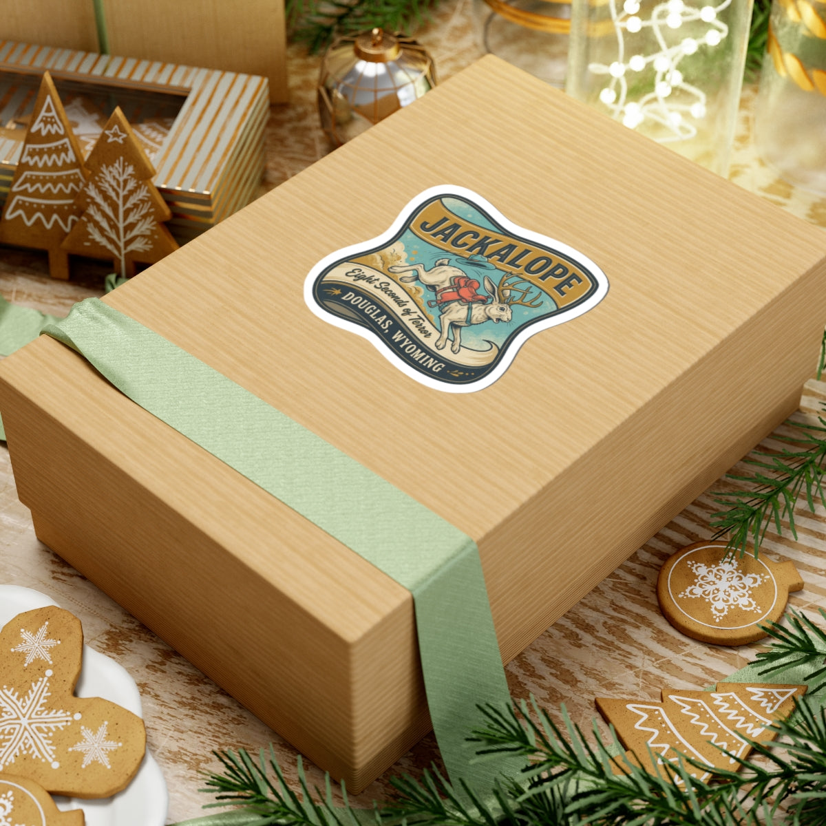 Jackalope sticker on a gift box: illustrated jackalope and “Eight Seconds of Terror” text