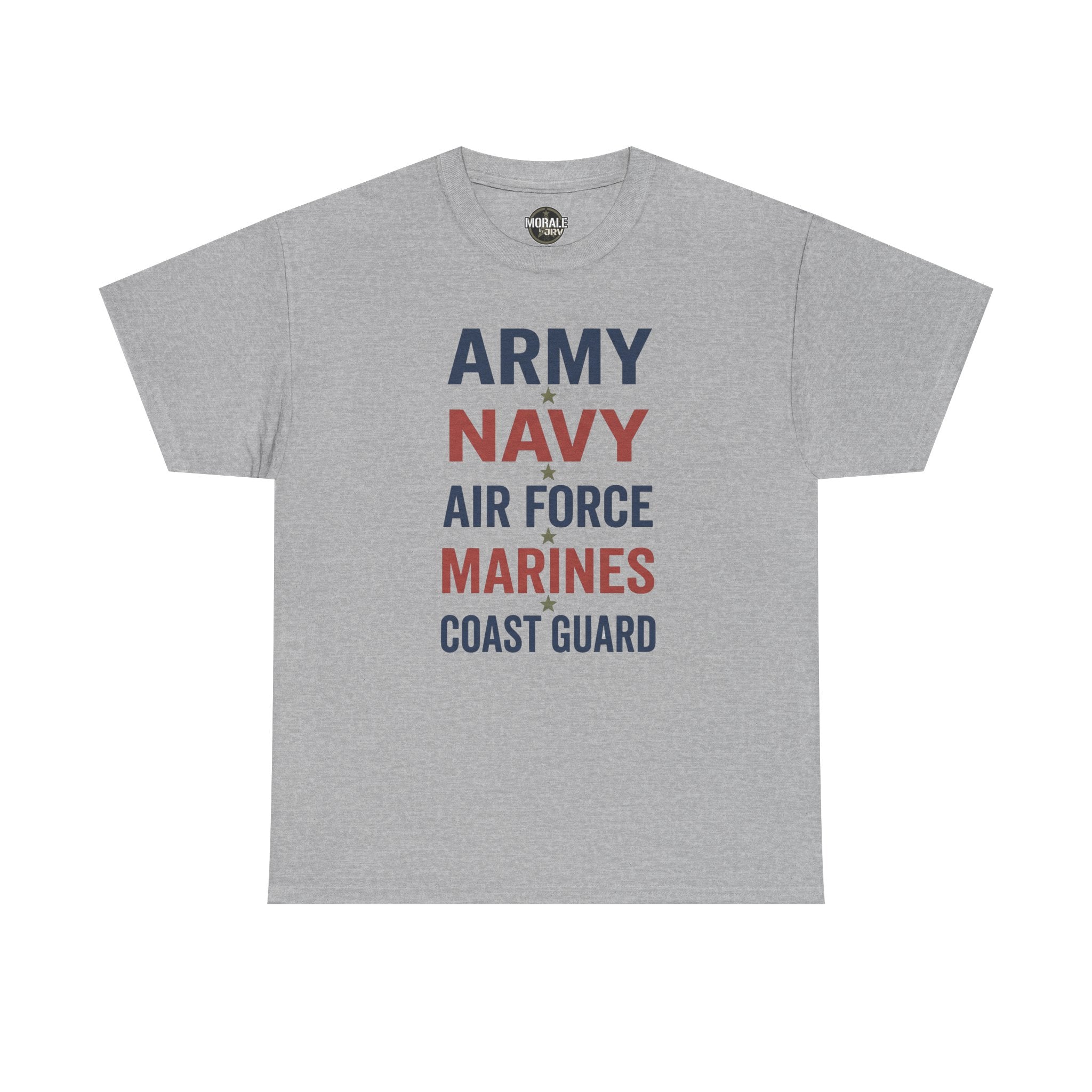 Light gray T-shirt with multicolor “ARMY NAVY AIR FORCE MARINES COAST GUARD” front graphic
