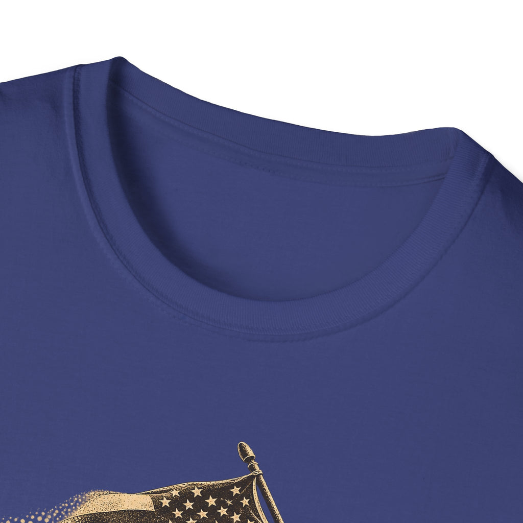 Royal blue crewneck T-shirt with soldier flag graphic, close-up neckline