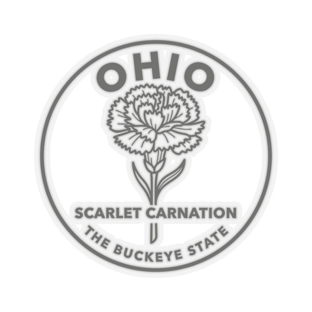 Round Ohio scarlet carnation sticker with circular 'OHIO' and 'BUCKEYE STATE' text