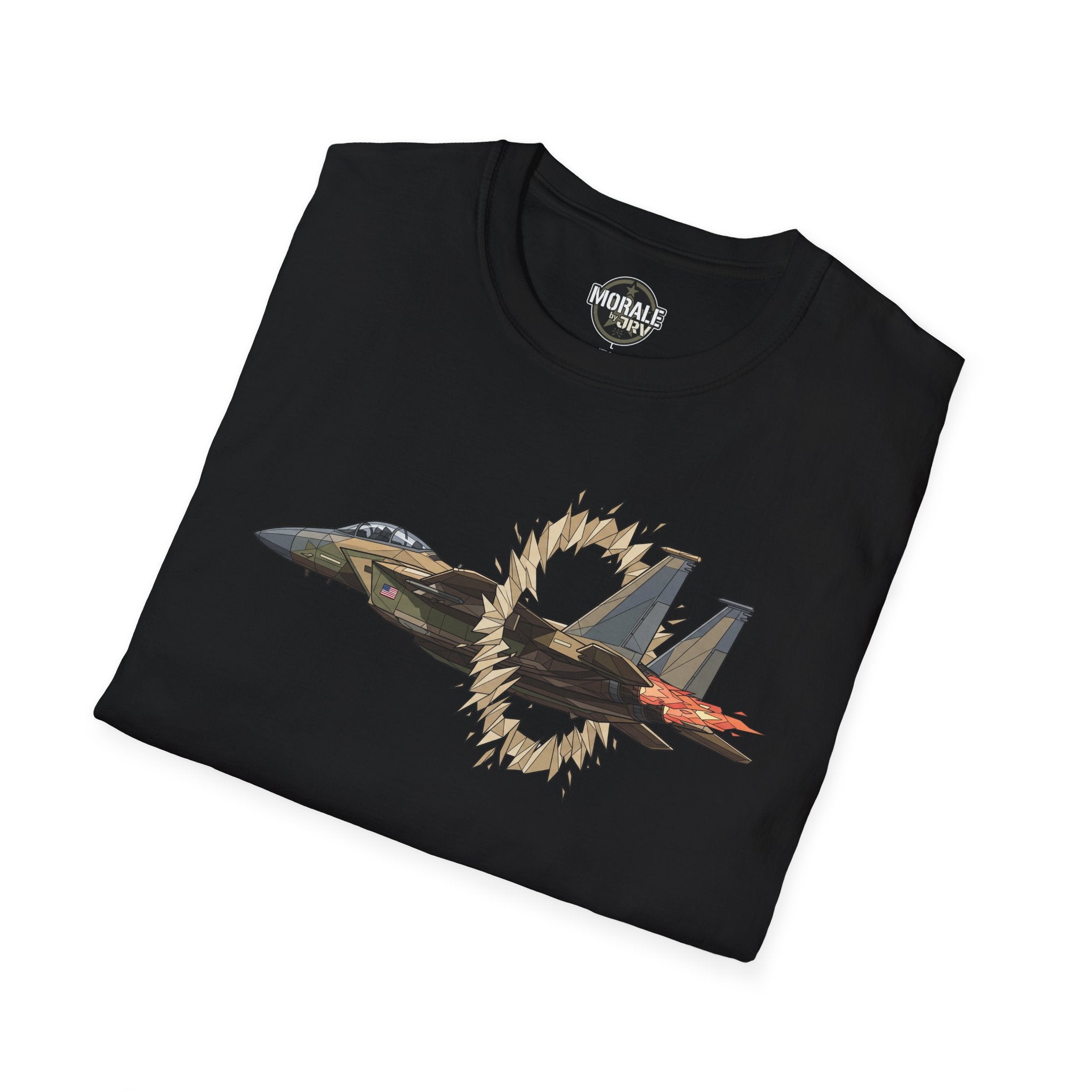 Black t-shirt with fighter jet graphic and golden “ring of fire” burst design