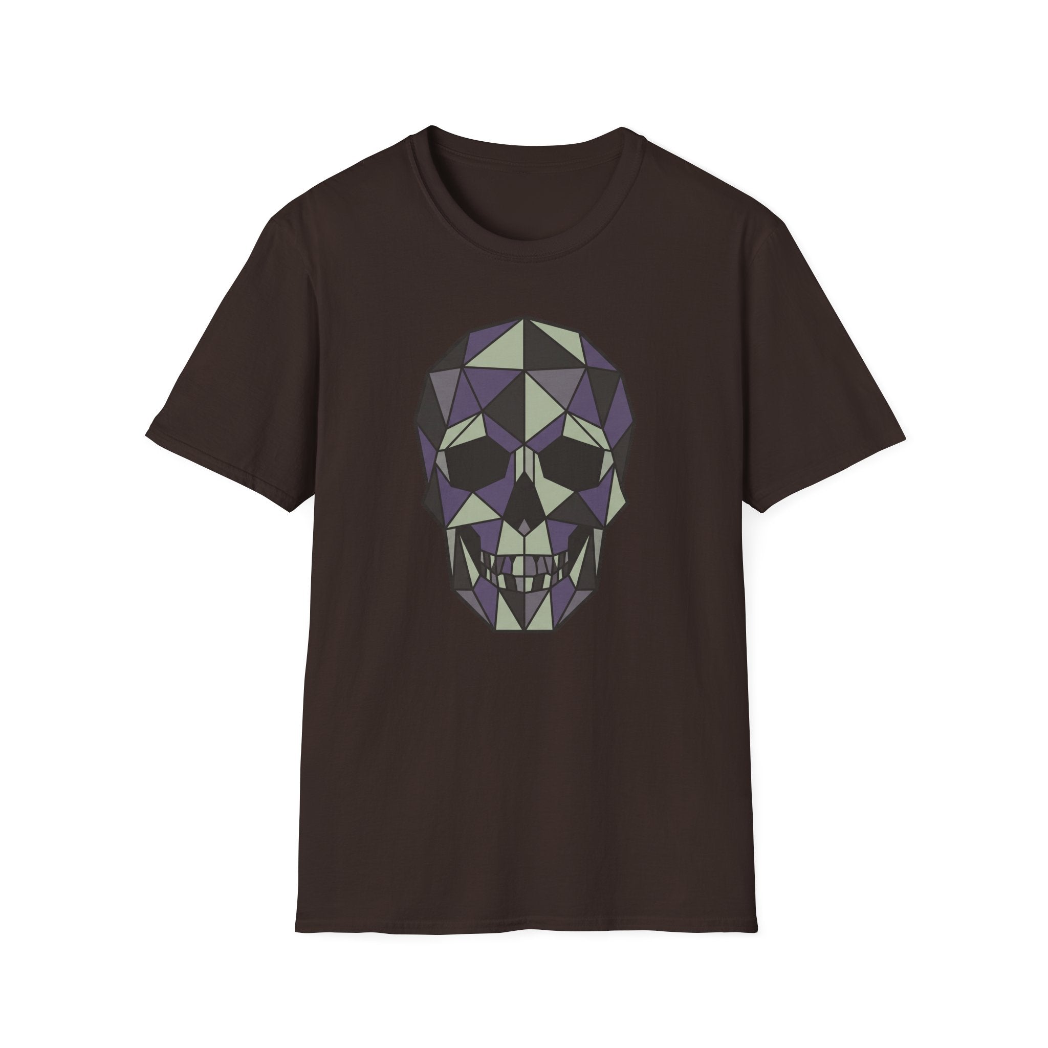 Dark brown crew-neck T-shirt with geometric low-poly skull graphic, front view