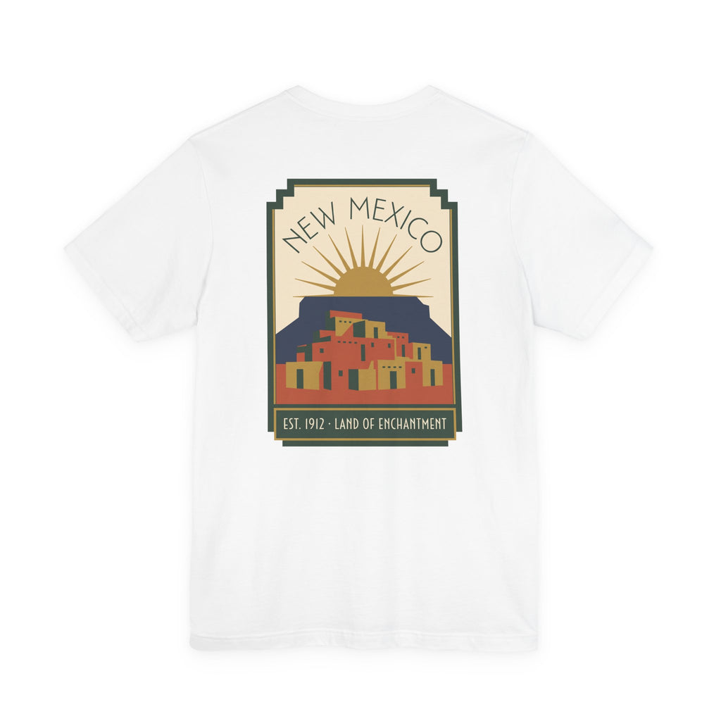 White T-shirt with New Mexico sunset Pueblo art graphic in a square frame