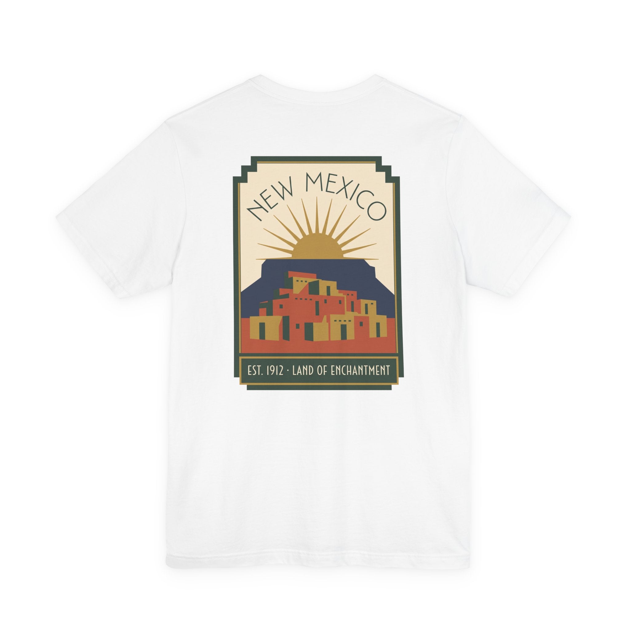 White T-shirt with New Mexico sunset Pueblo art graphic in a square frame