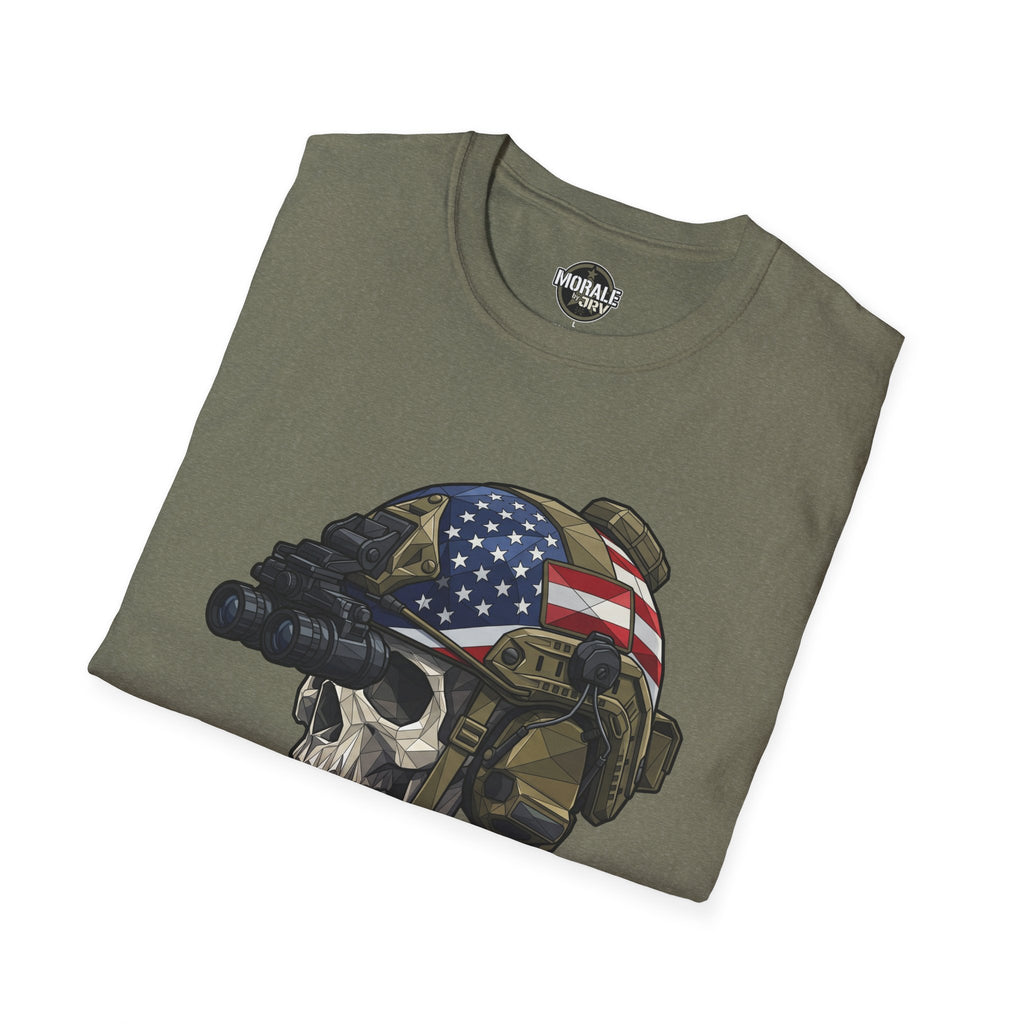 Dark olive T-shirt with skull helmet and American flag graphic