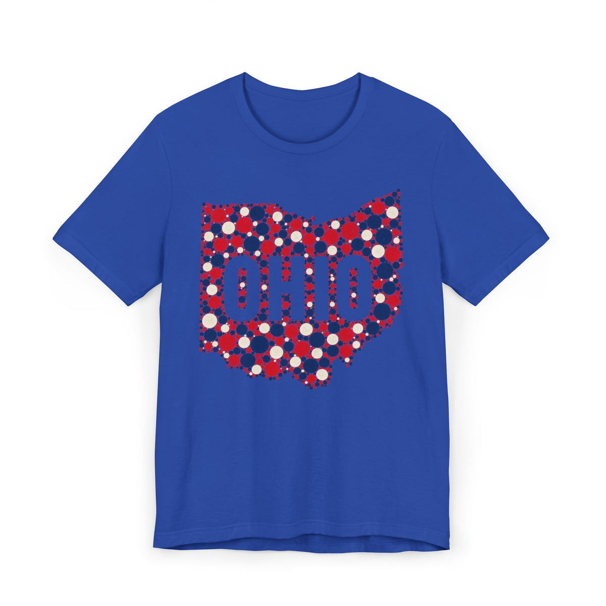 Royal blue crew-neck t-shirt with red white blue Ohio polka-dot graphic.